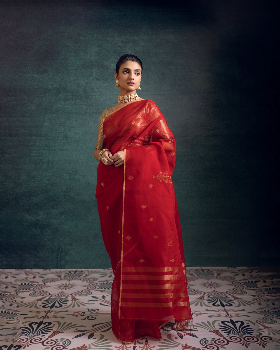 Red Pure Organza Silk Jamdani Handloom Saree