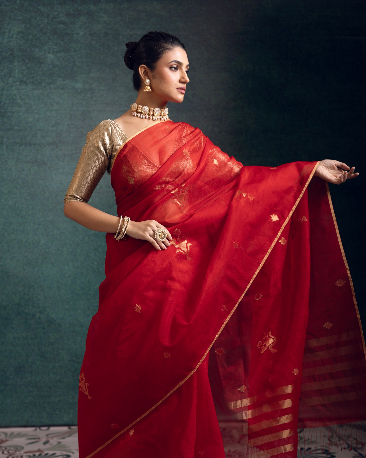Red Pure Organza Silk Jamdani Handloom Saree