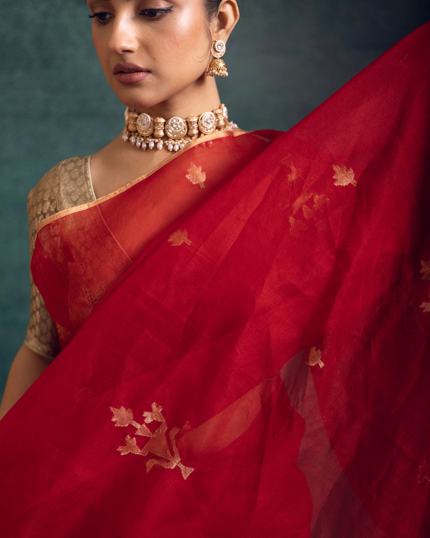 Red Pure Organza Silk Jamdani Handloom Saree