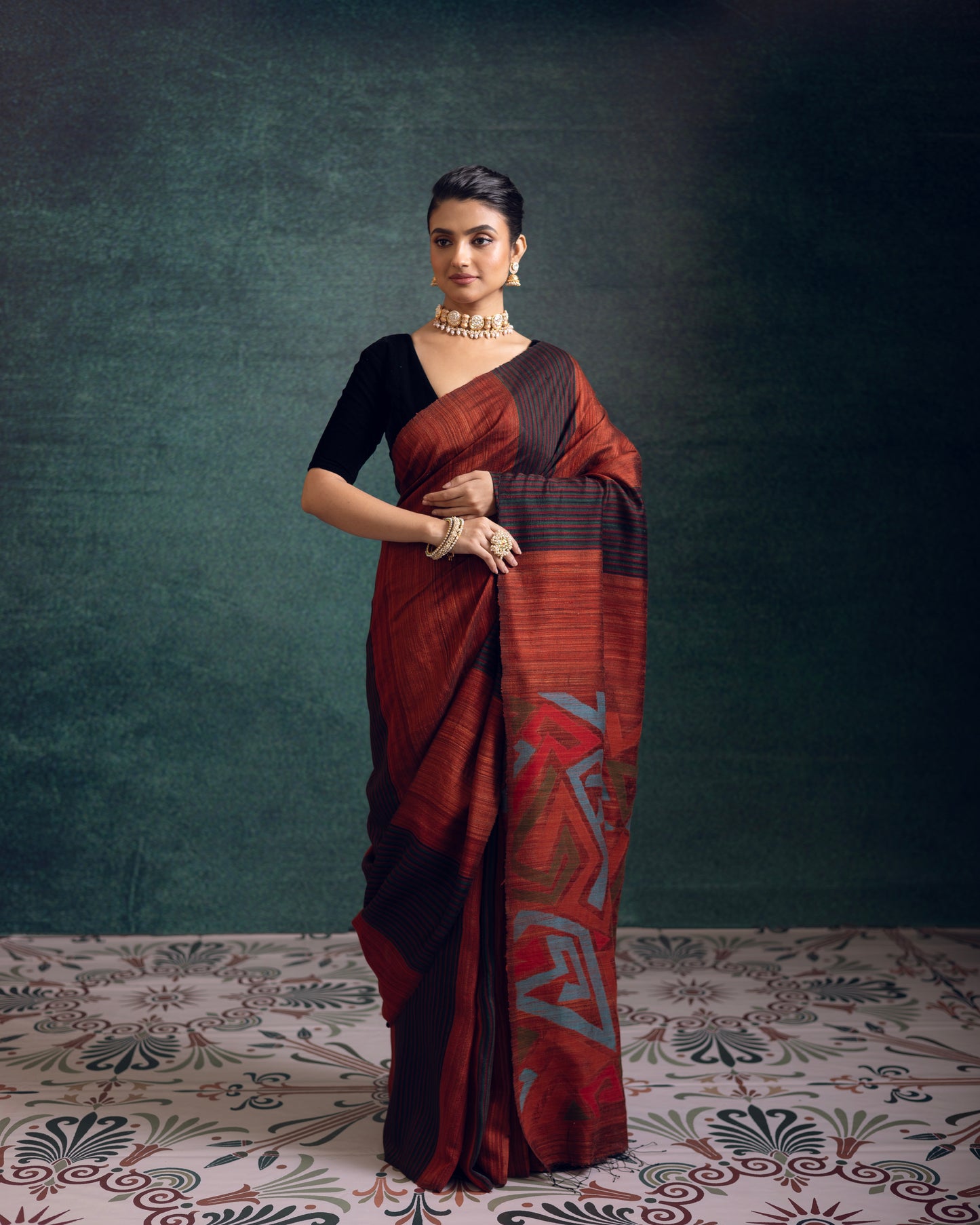 Rust Pure Matka Silk Jamdani Handloom Saree