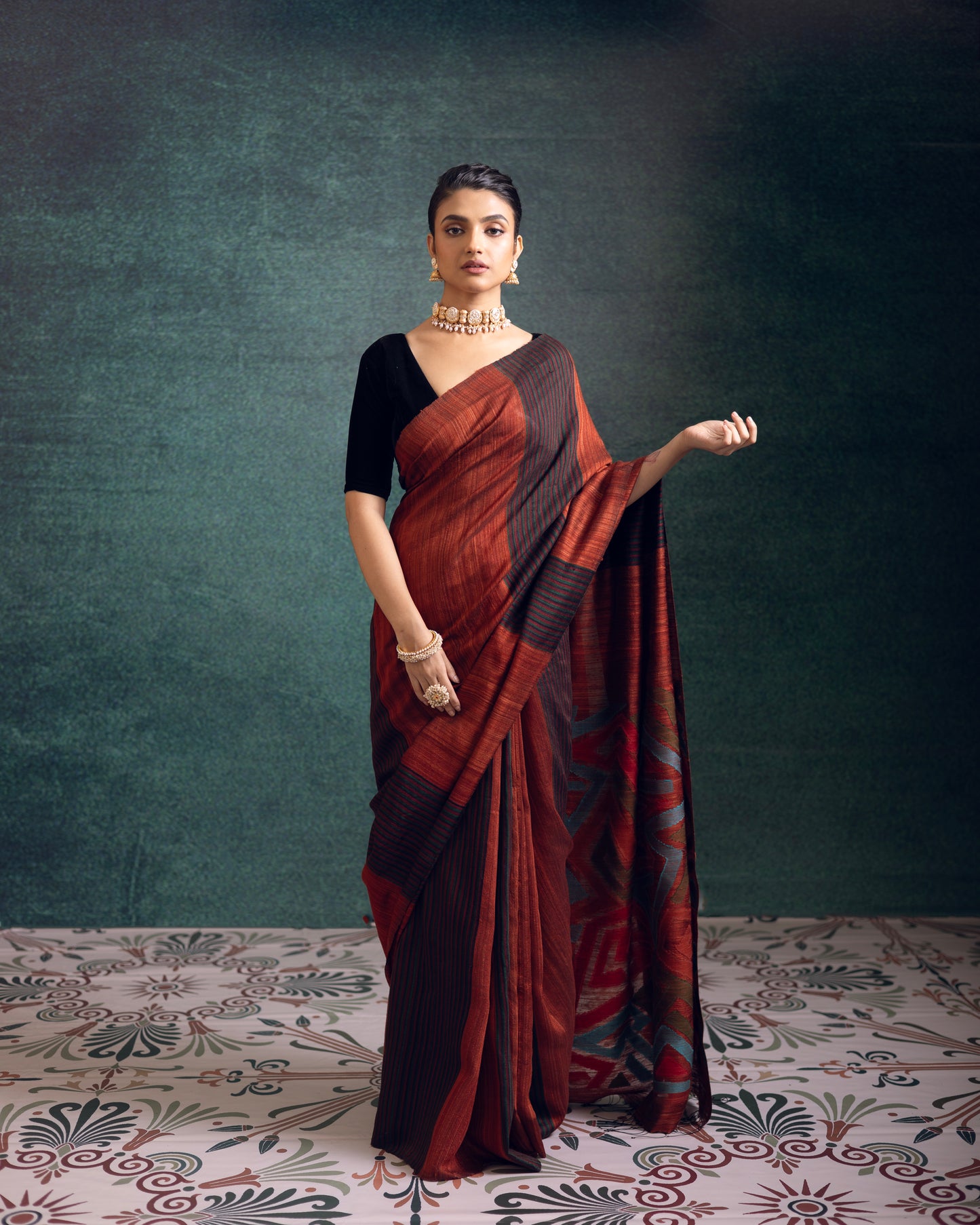 Rust Pure Matka Silk Jamdani Handloom Saree