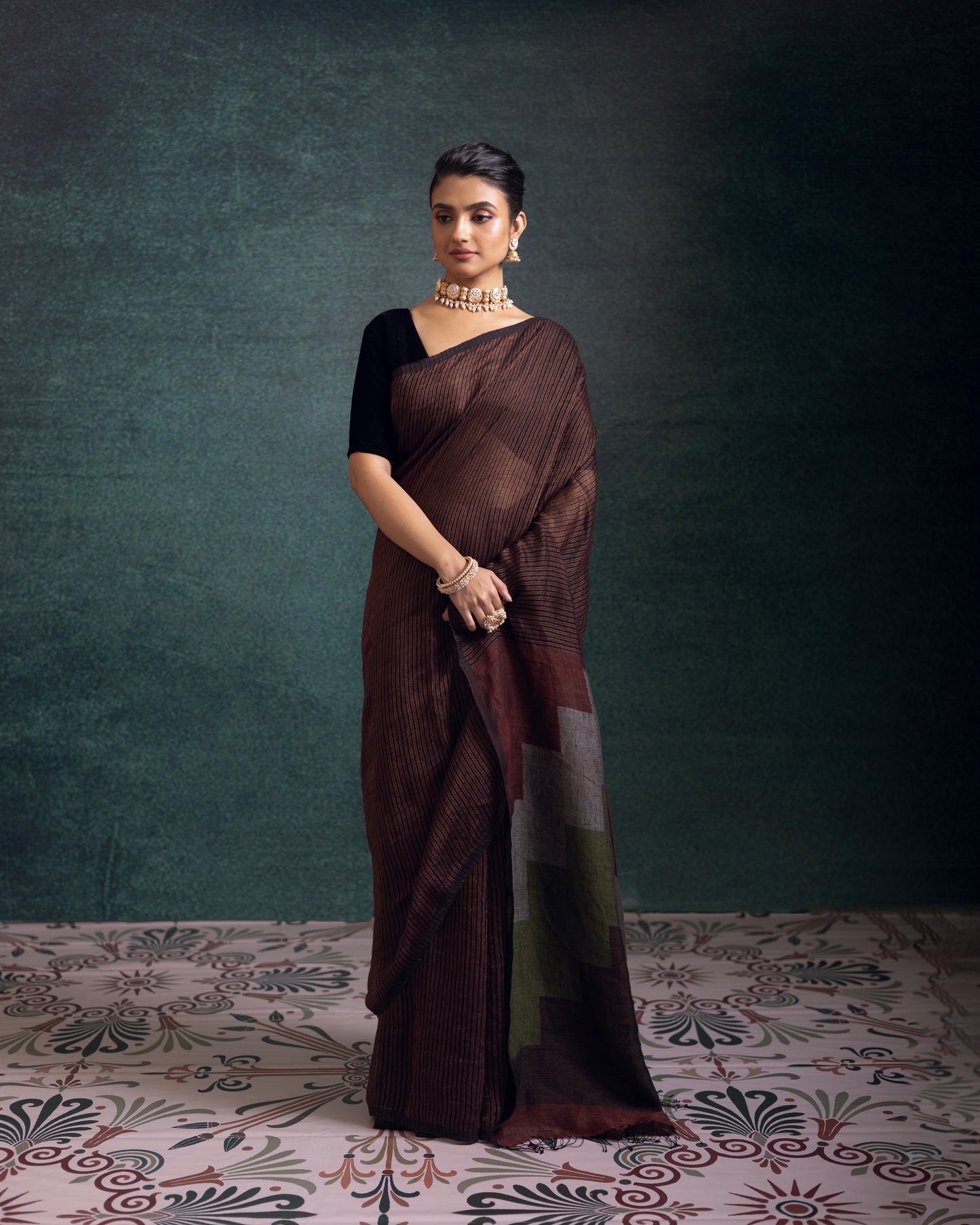 Maroon Pure Linen Jamdani Handloom Saree