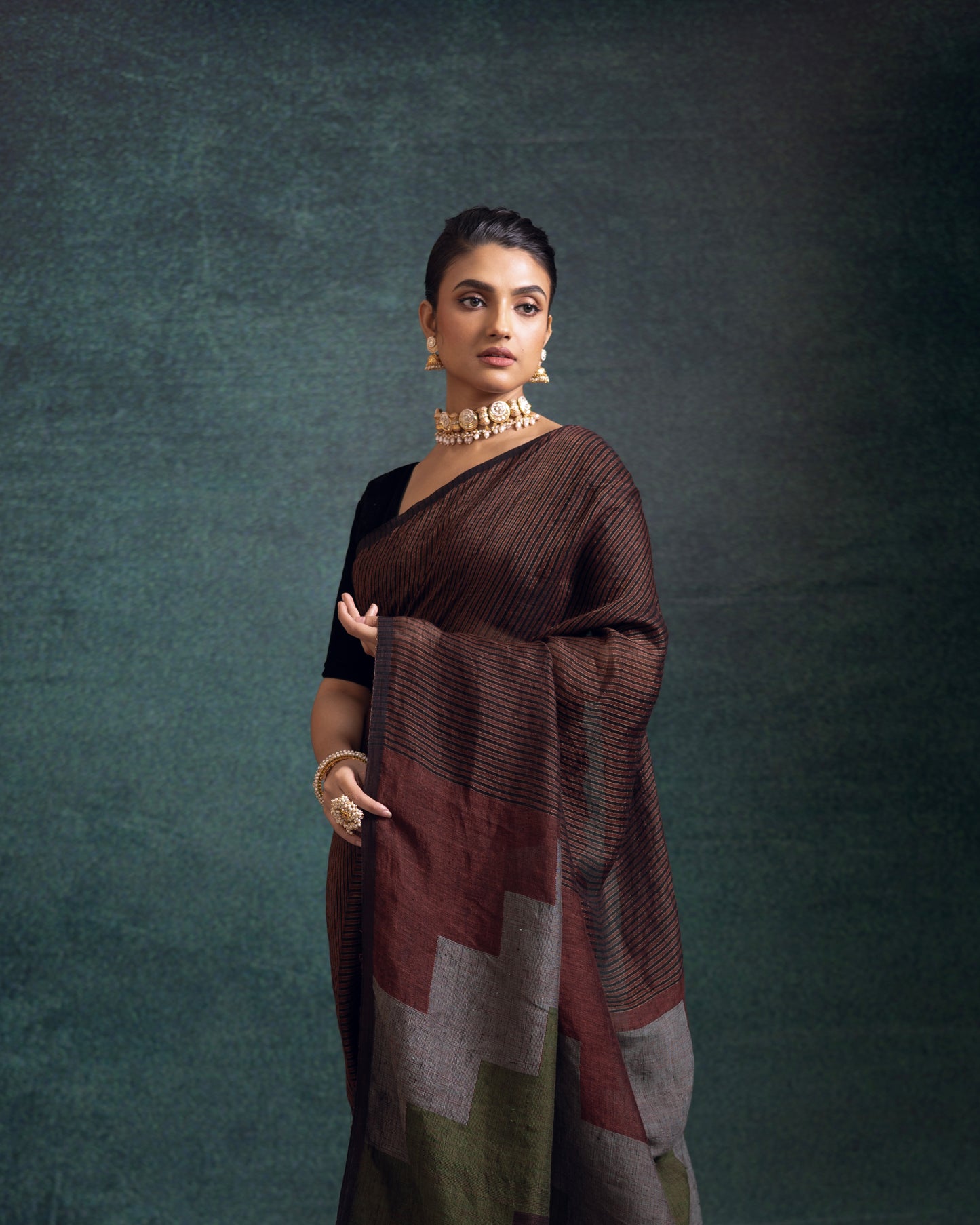 Maroon Pure Linen Jamdani Handloom Saree