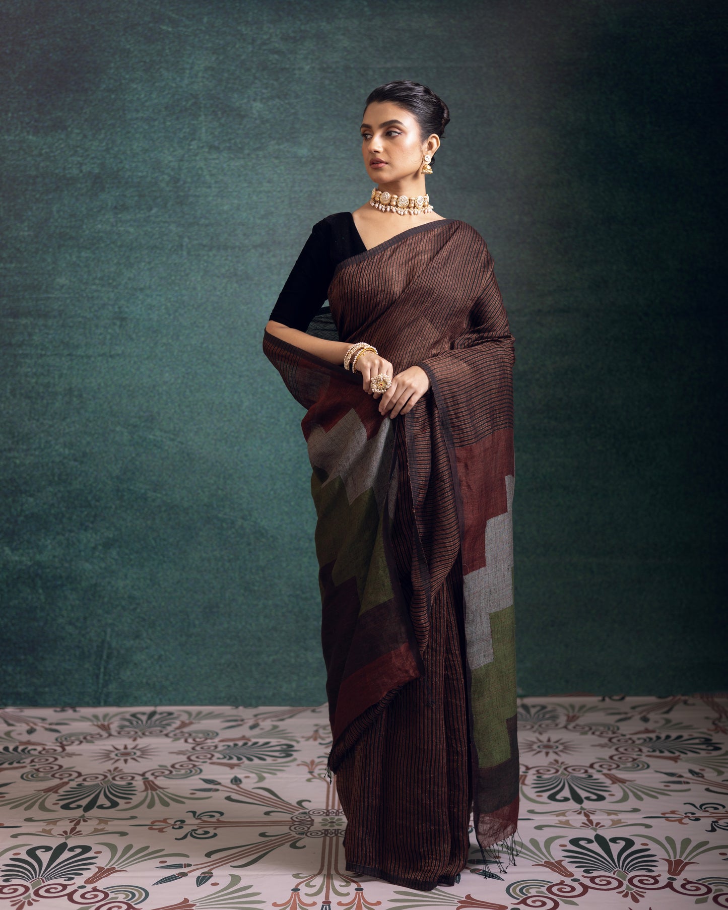 Maroon Pure Linen Jamdani Handloom Saree