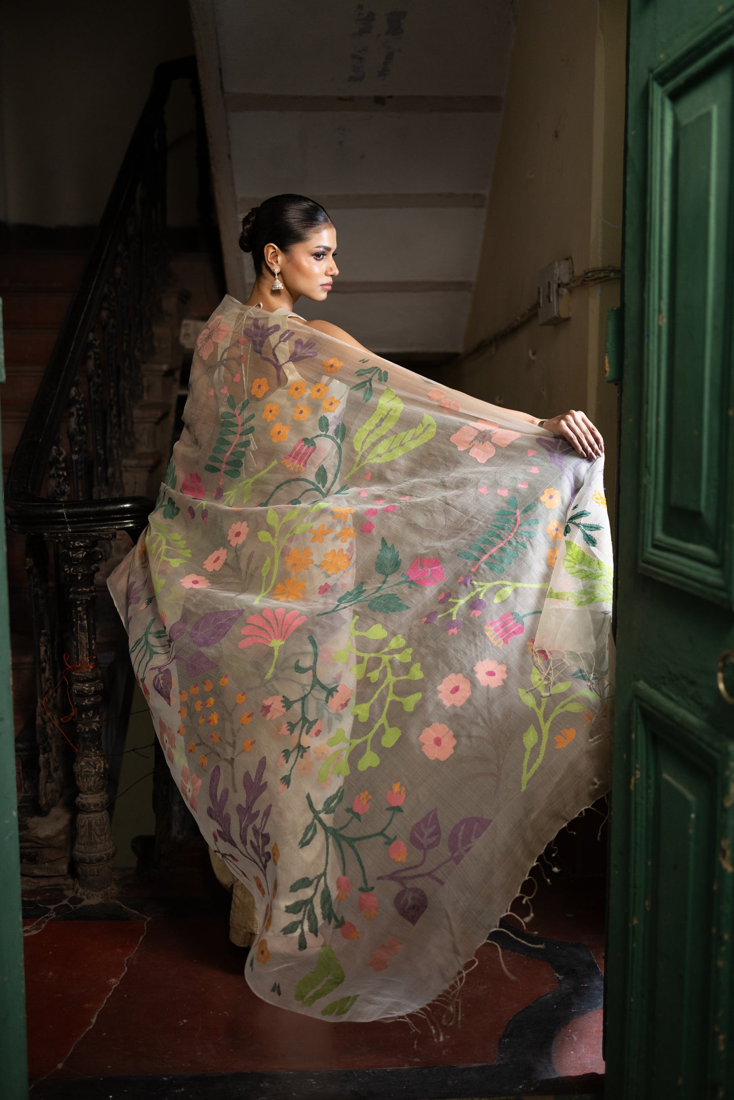 Beige Pure Organza & Matka Silk Jamdani Handloom Saree