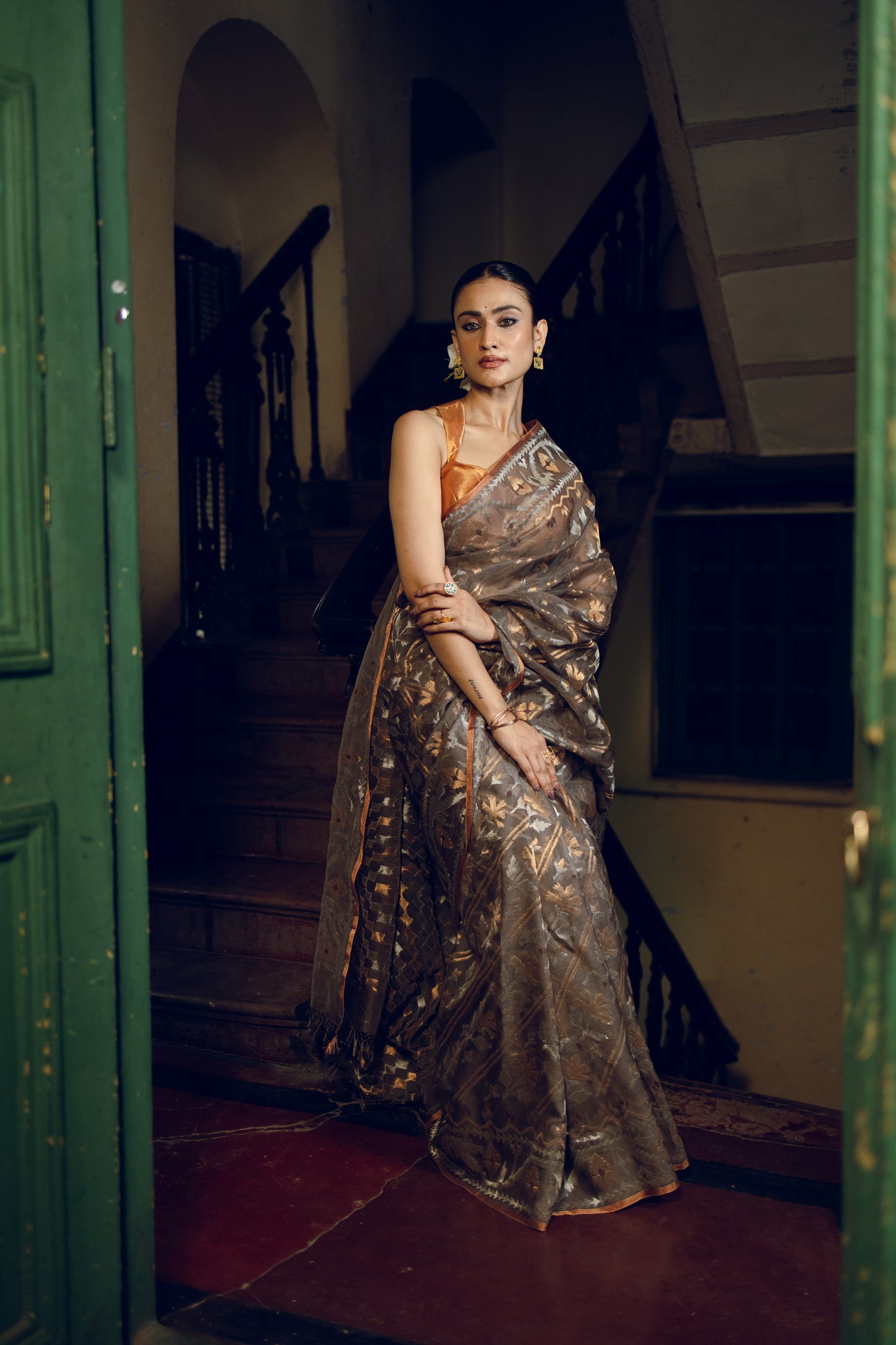 Grey Pure Organza Traditional Jamdani Handloom Saree