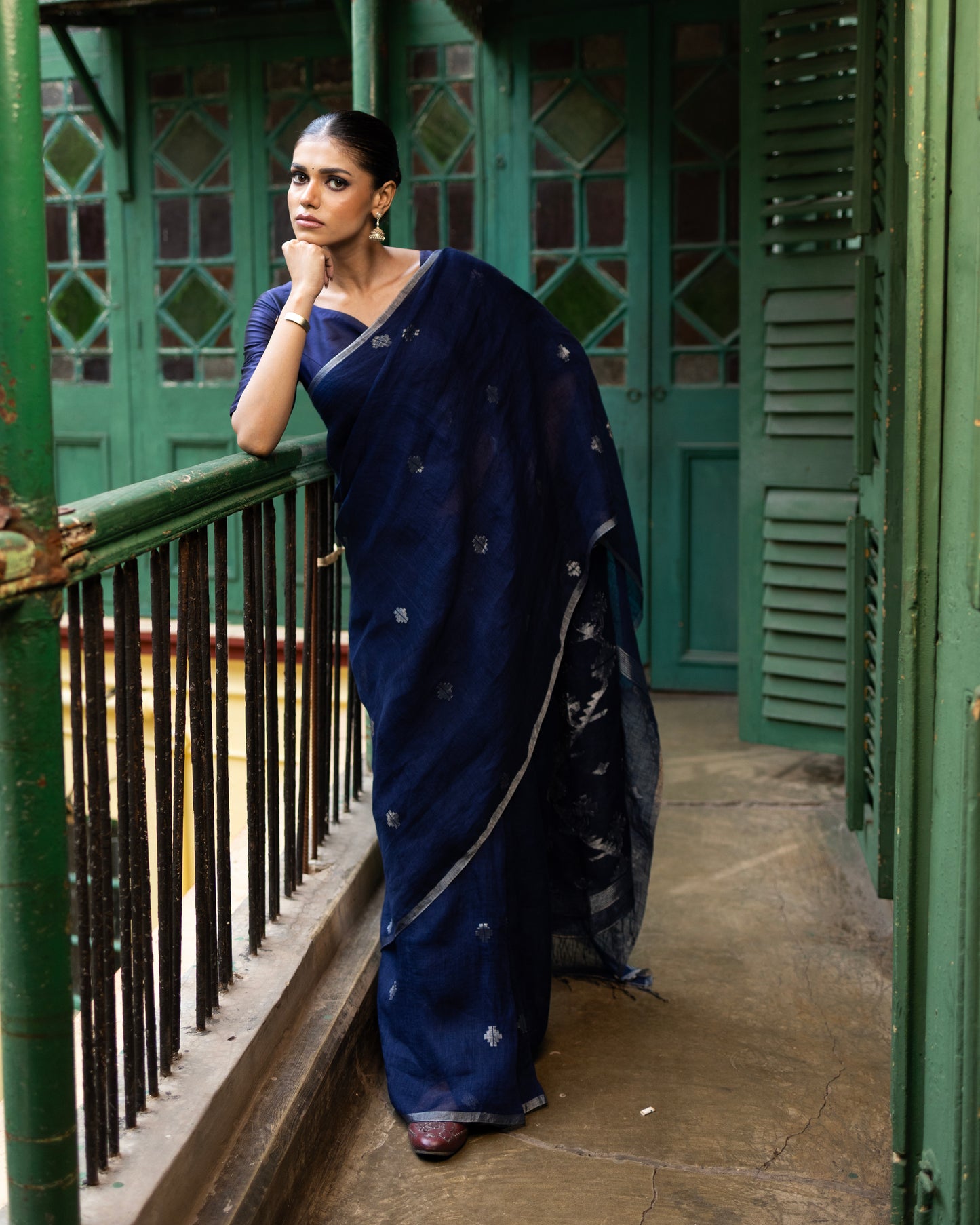 Indigo Pure Linen Jamdani Handloom Saree