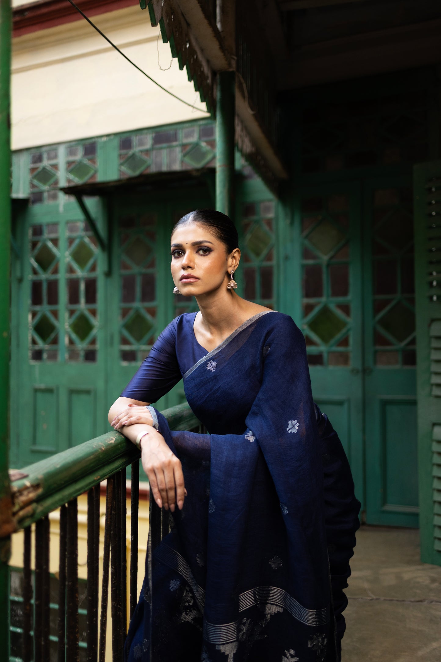 Indigo Pure Linen Jamdani Handloom Saree