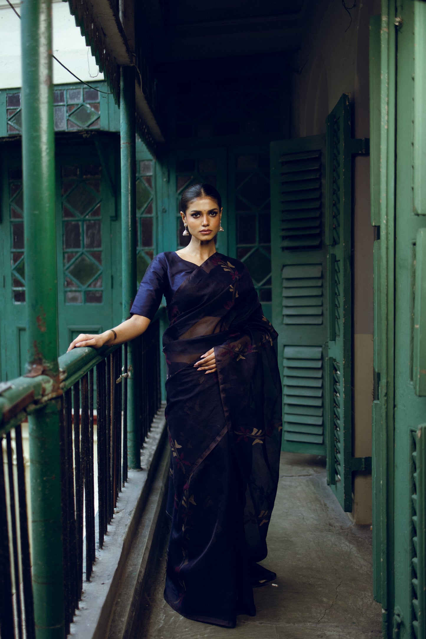 Indigo Pure Organza Silk Jamdani Handloom Saree