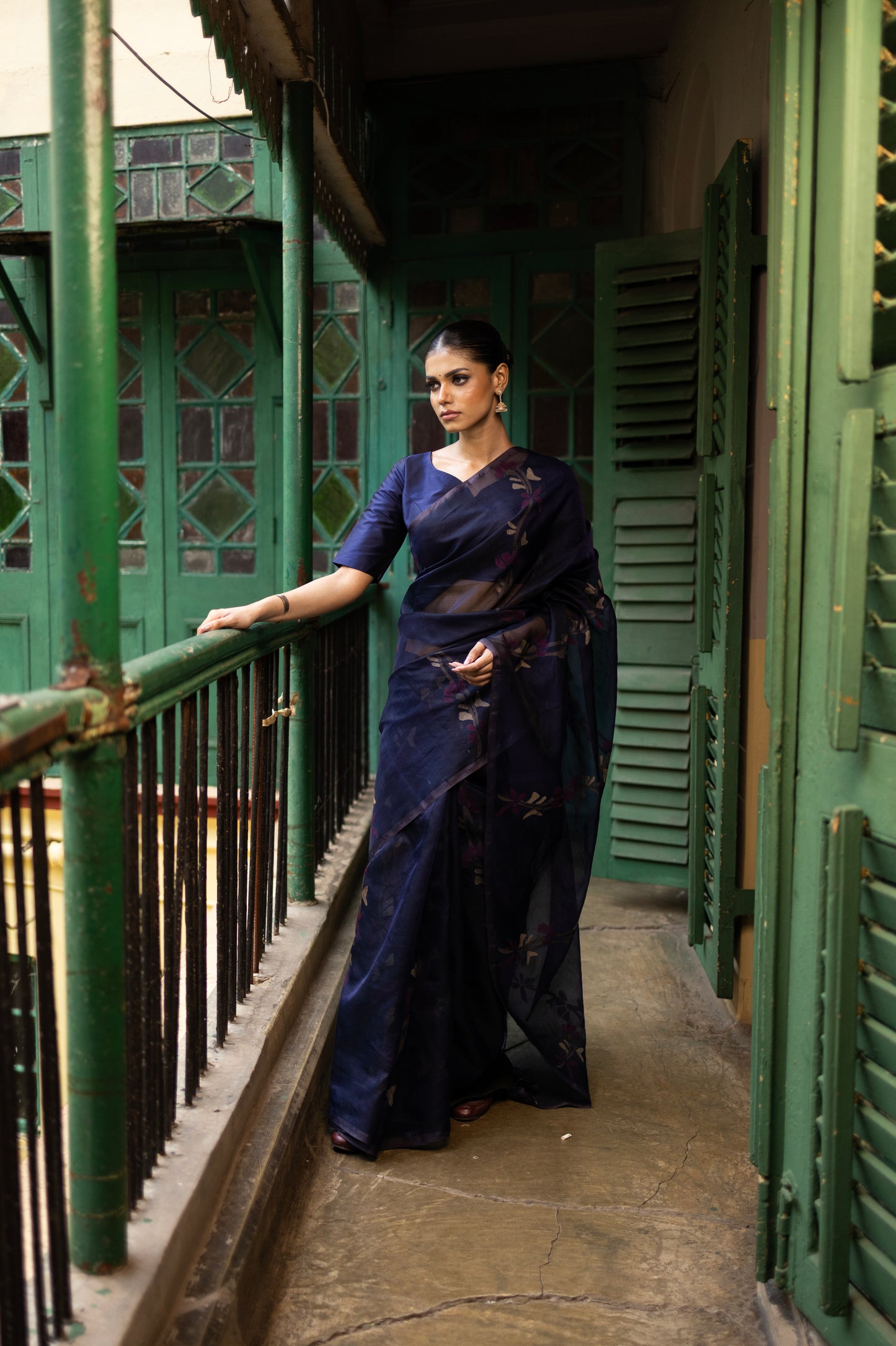 Indigo Pure Organza Silk Jamdani Handloom Saree