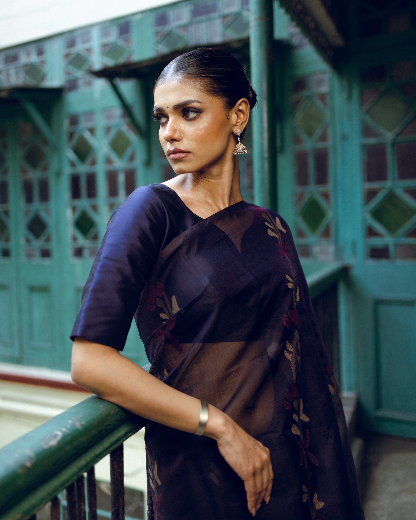 Indigo Pure Organza Silk Jamdani Handloom Saree