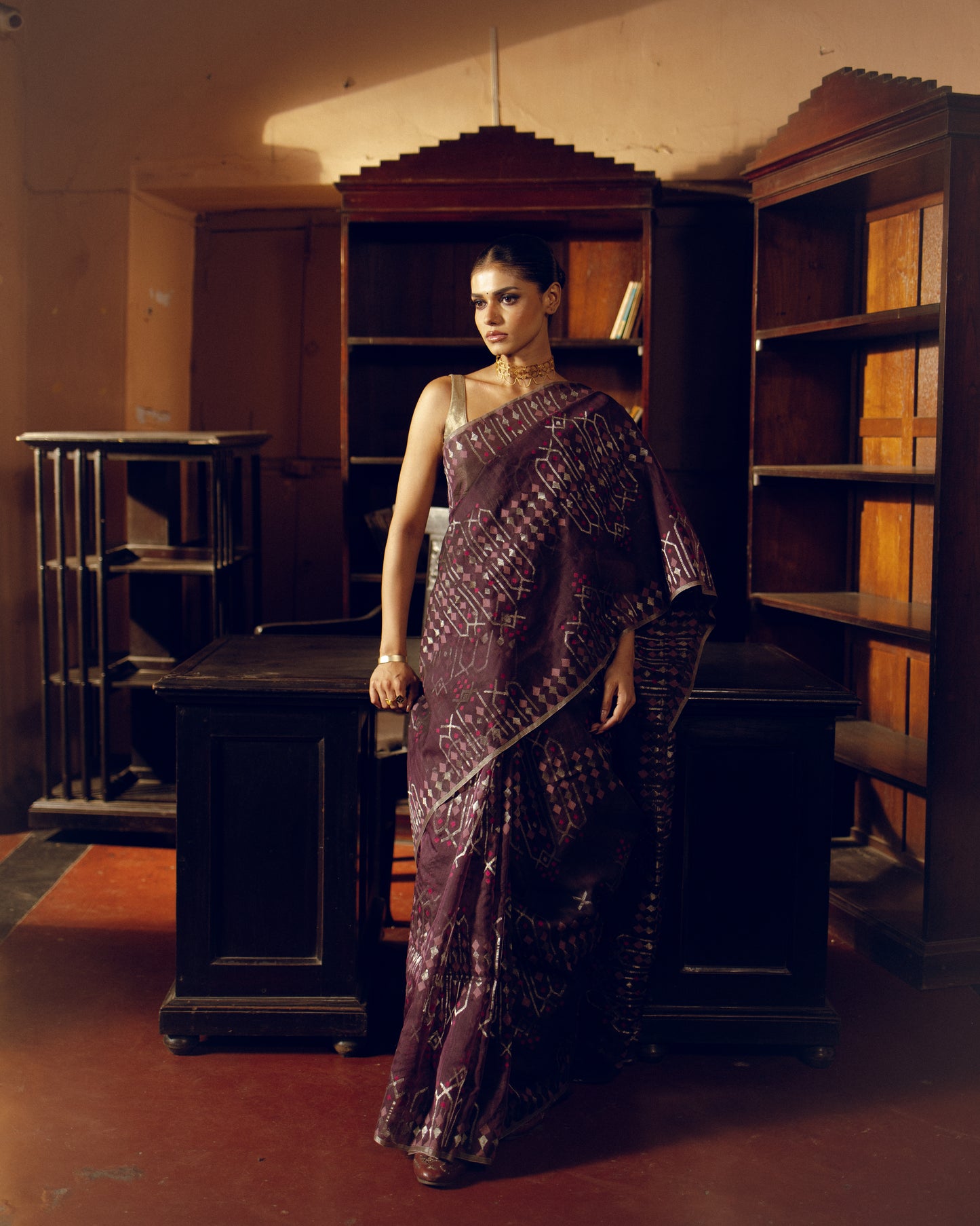 Plum Pure Organza Silk Jamdani Handloom Saree