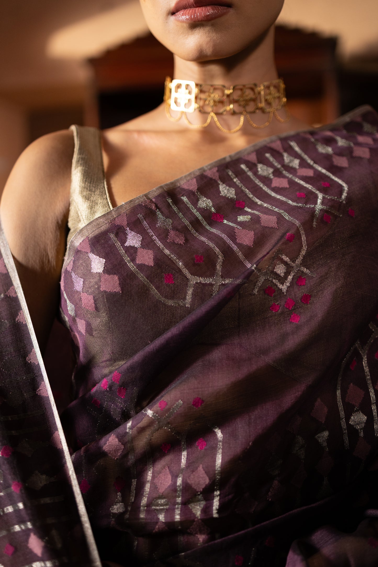 Plum Pure Organza Silk Jamdani Handloom Saree