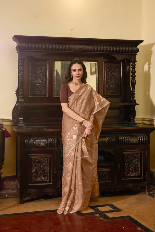 Beige Pure Organza Silk Traditional Jamdani Saree