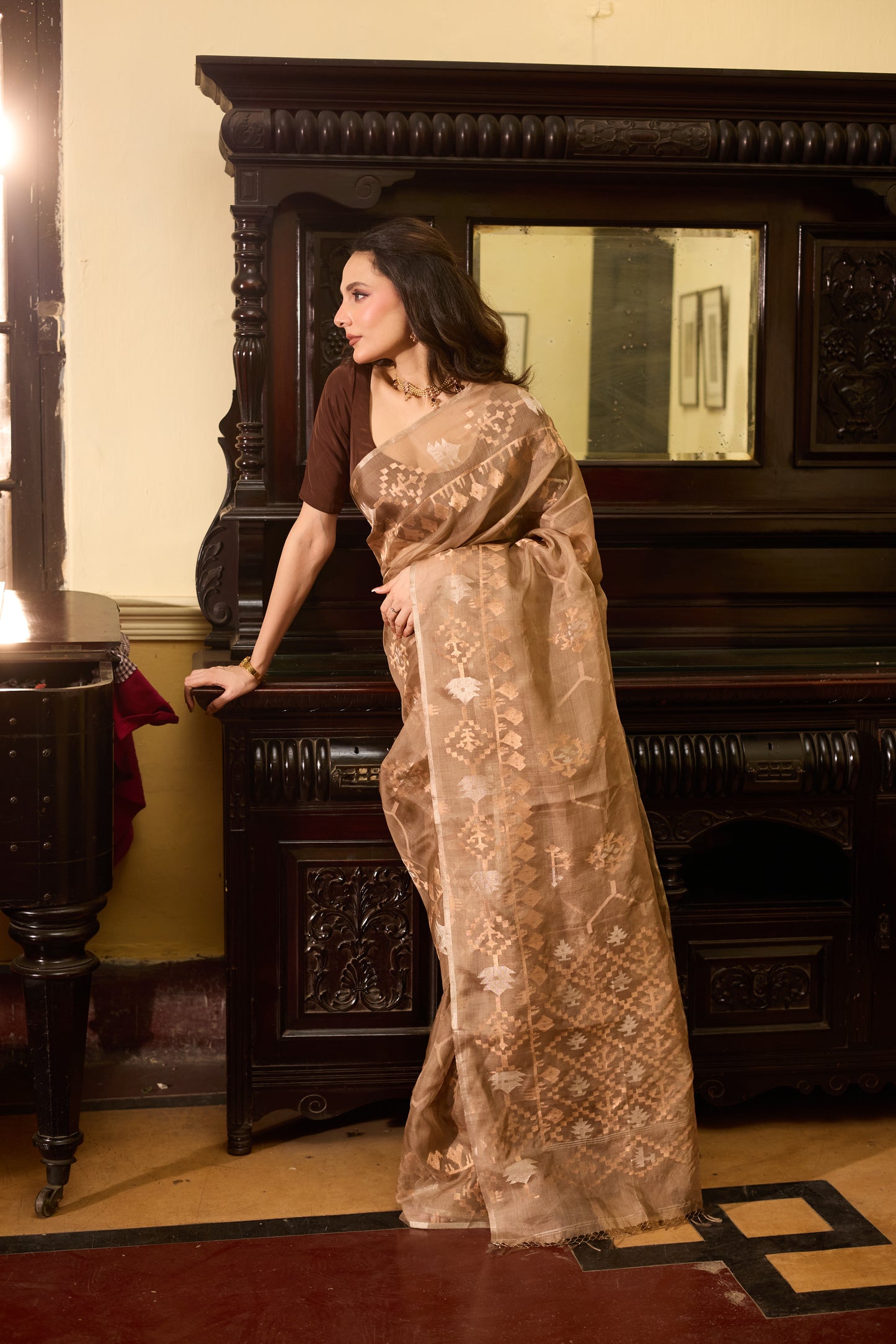 Beige Pure Organza Silk Traditional Jamdani Saree