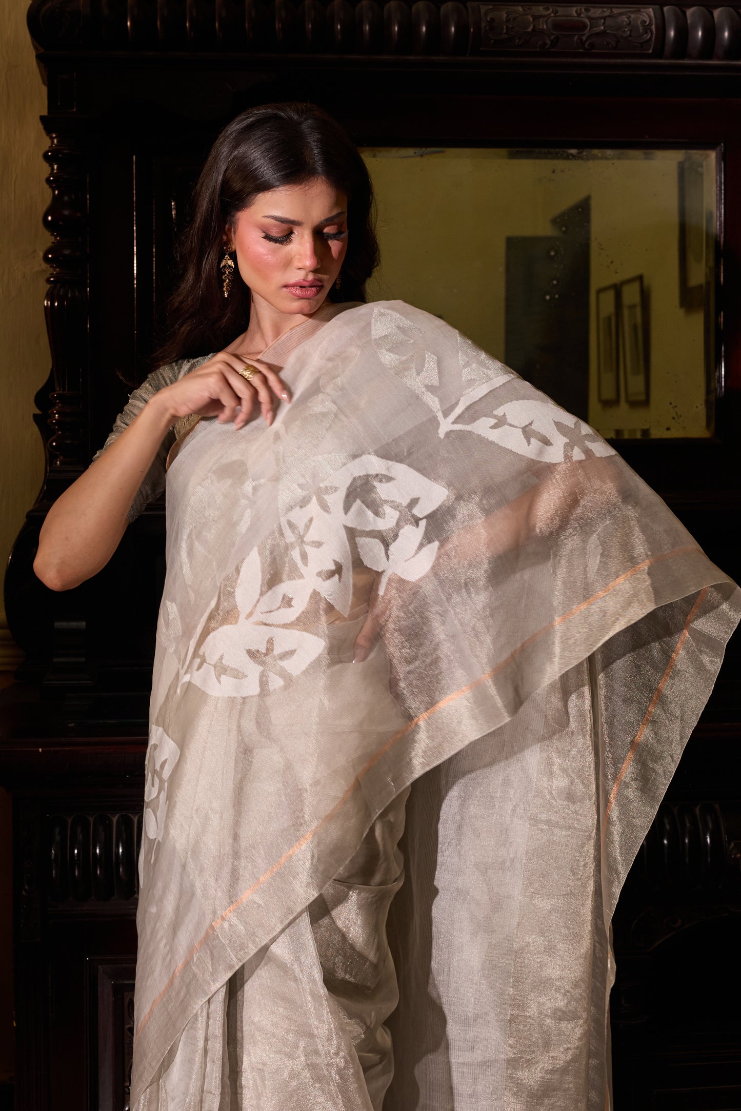 White Pure Organza Silk Tissue Jamdani handloom Saree