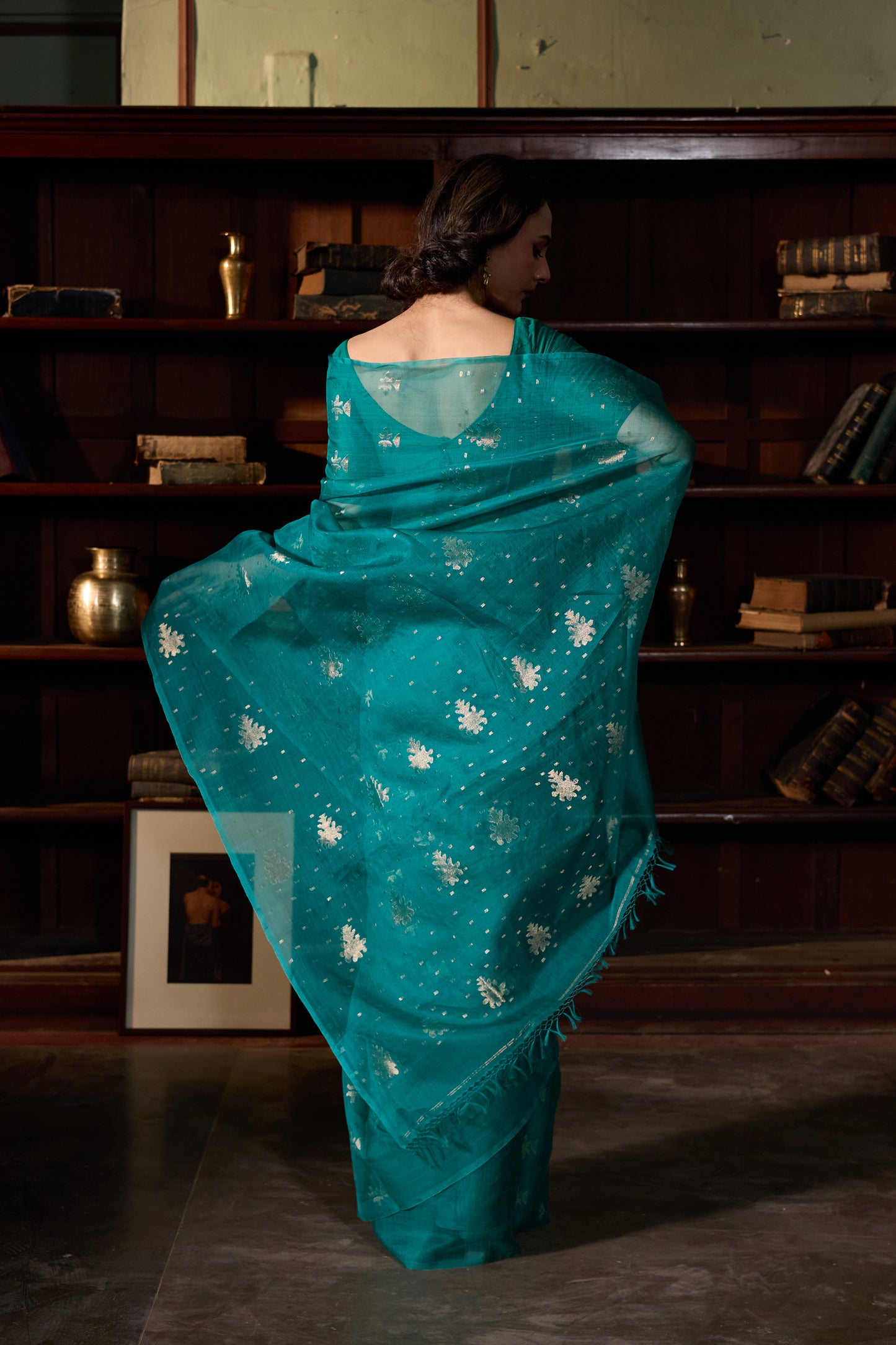 Teal Pure Organza Silk Jamdani Handloom Saree