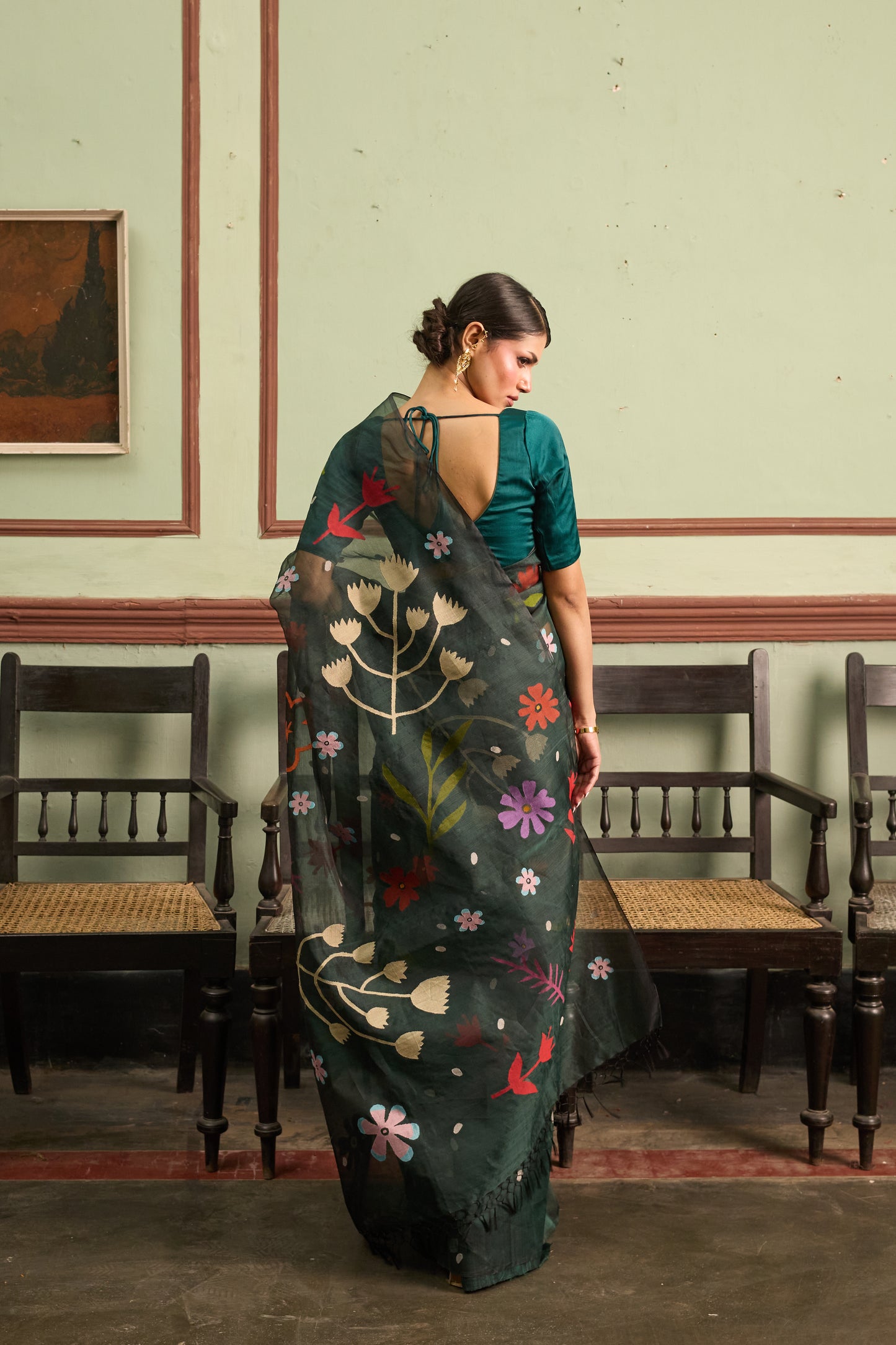 Green Pure Organza Silk Jamdani Handloom Saree