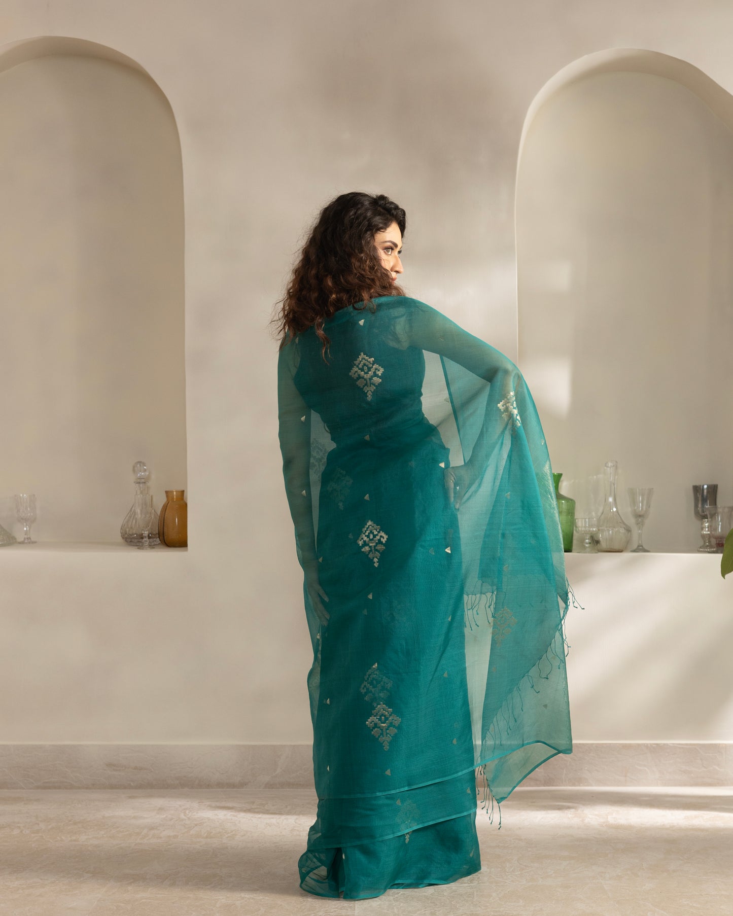 Teal Blue Pure Organza Silk Jamdani Handloom Saree