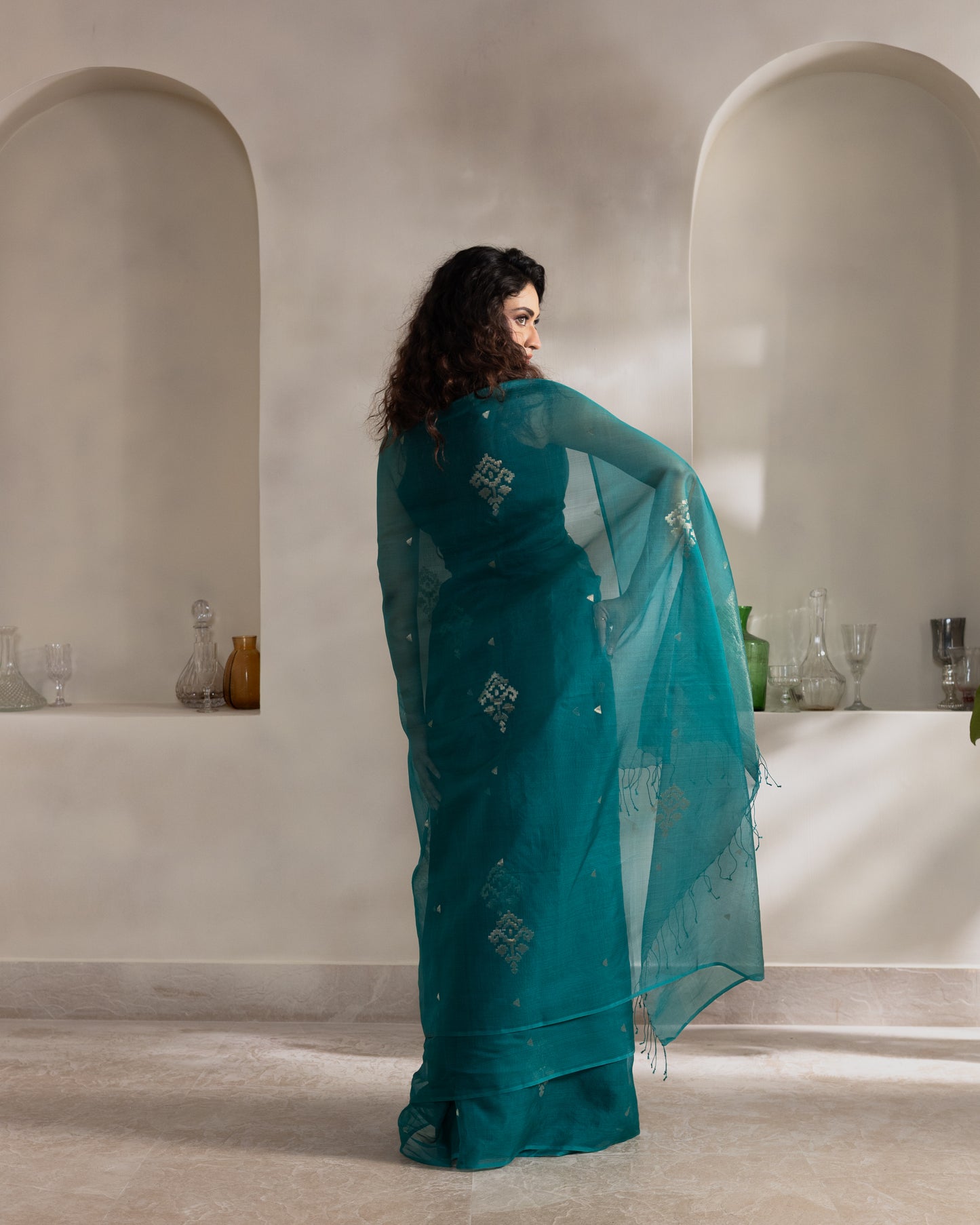 Teal Blue Pure Organza Silk Jamdani Handloom Saree