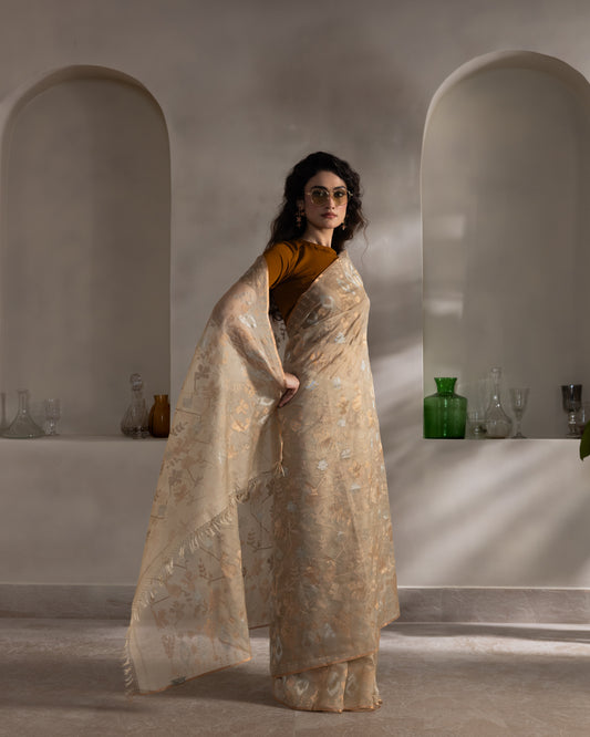 Beige Pure Organza Traditional Jamdani Saree