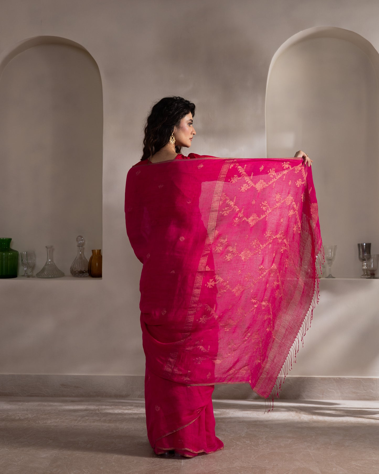 Fuchsia Pure Linen Jamdani Handloom Saree