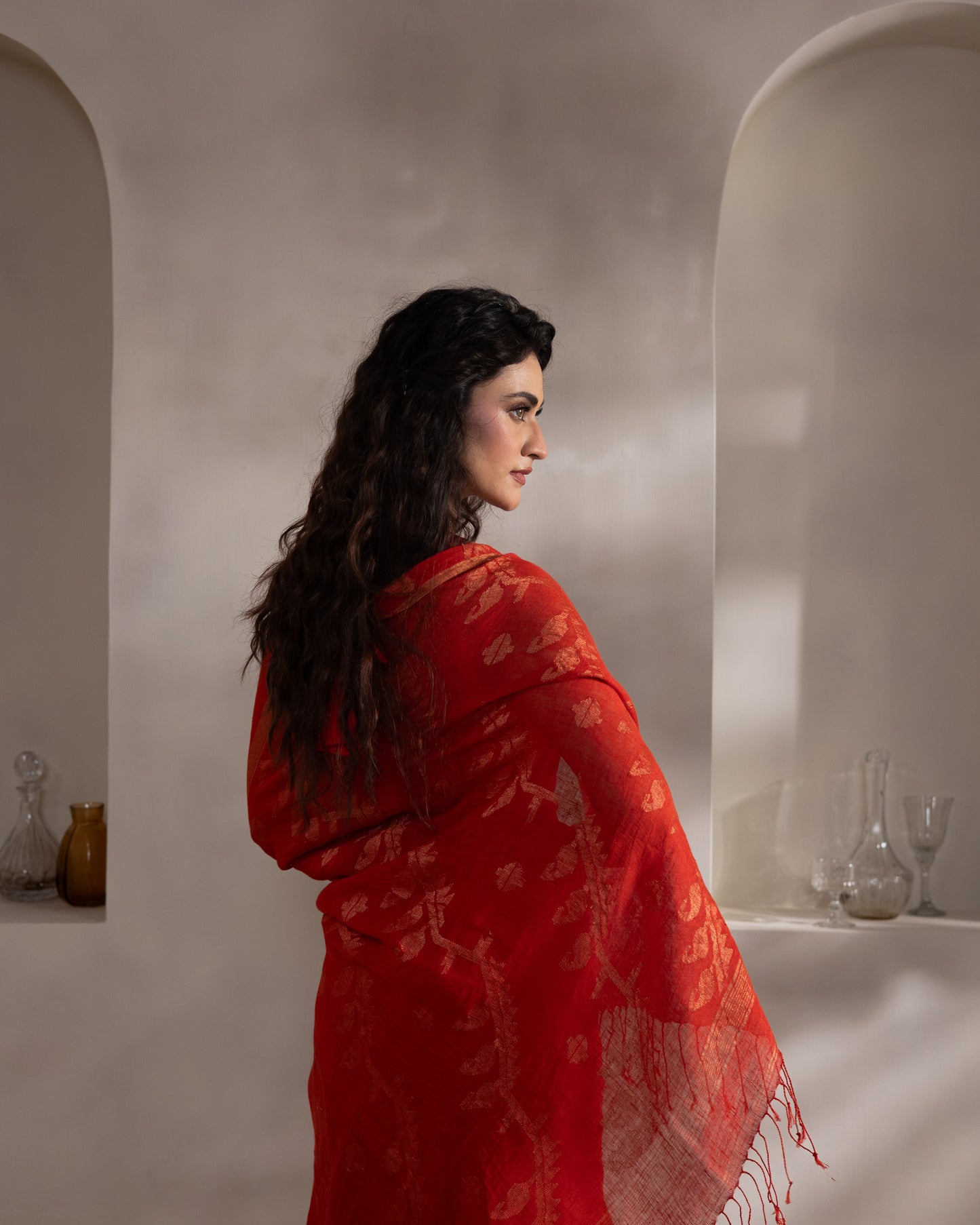 Red Pure Linen Jamdani Handloom Saree