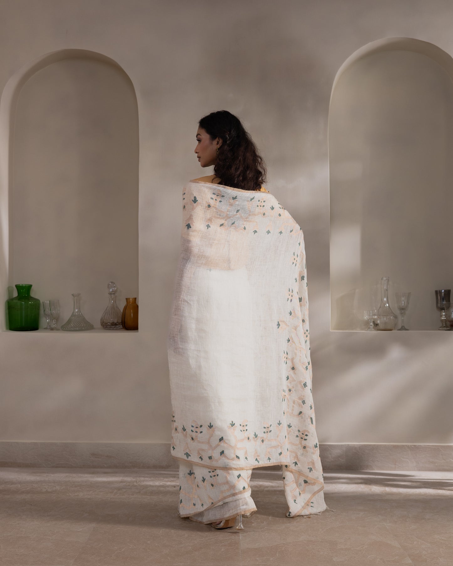 White Pure Linen Traditional Jamdani Handloom Saree