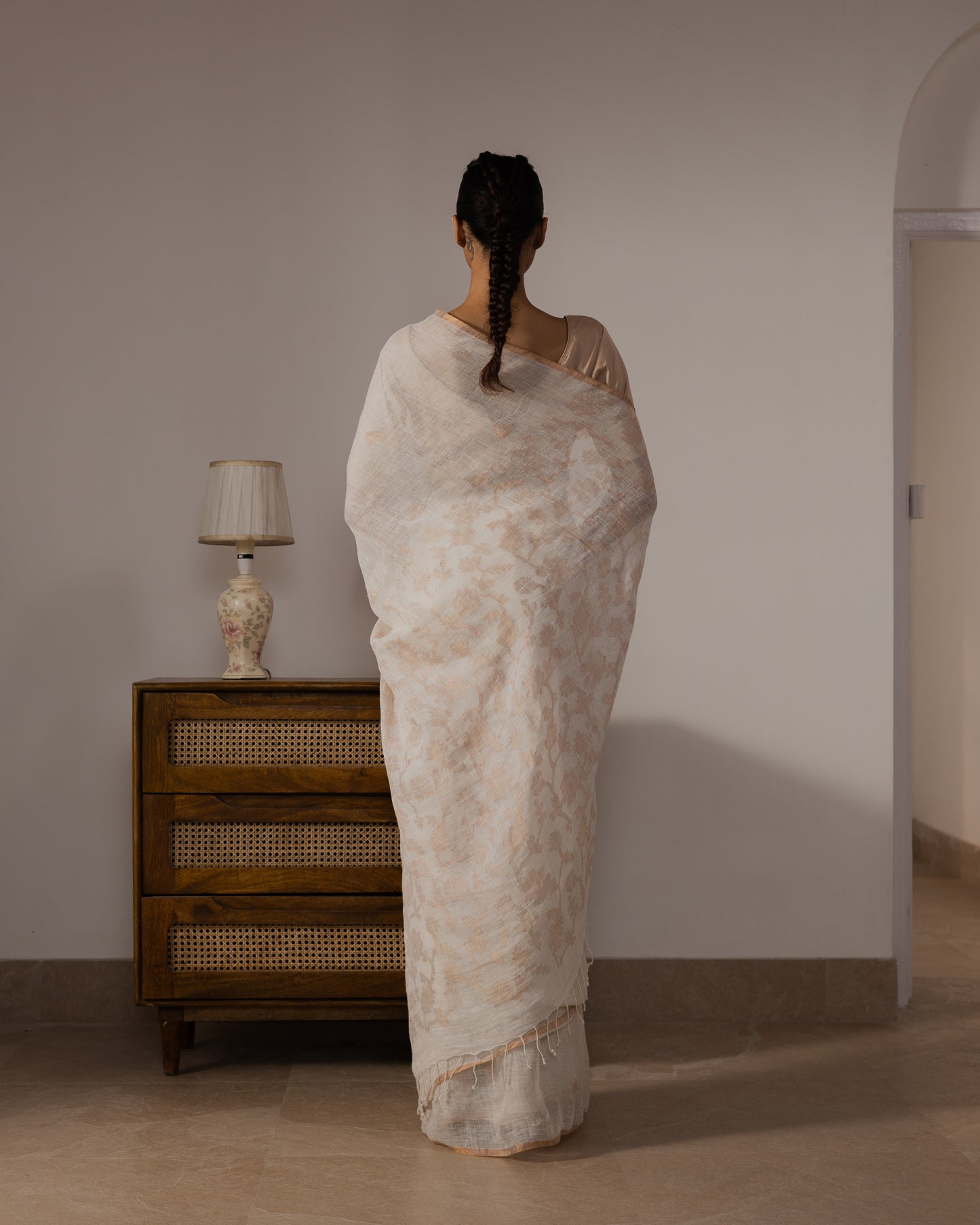 White Pure Linen Traditional Jamdani Saree