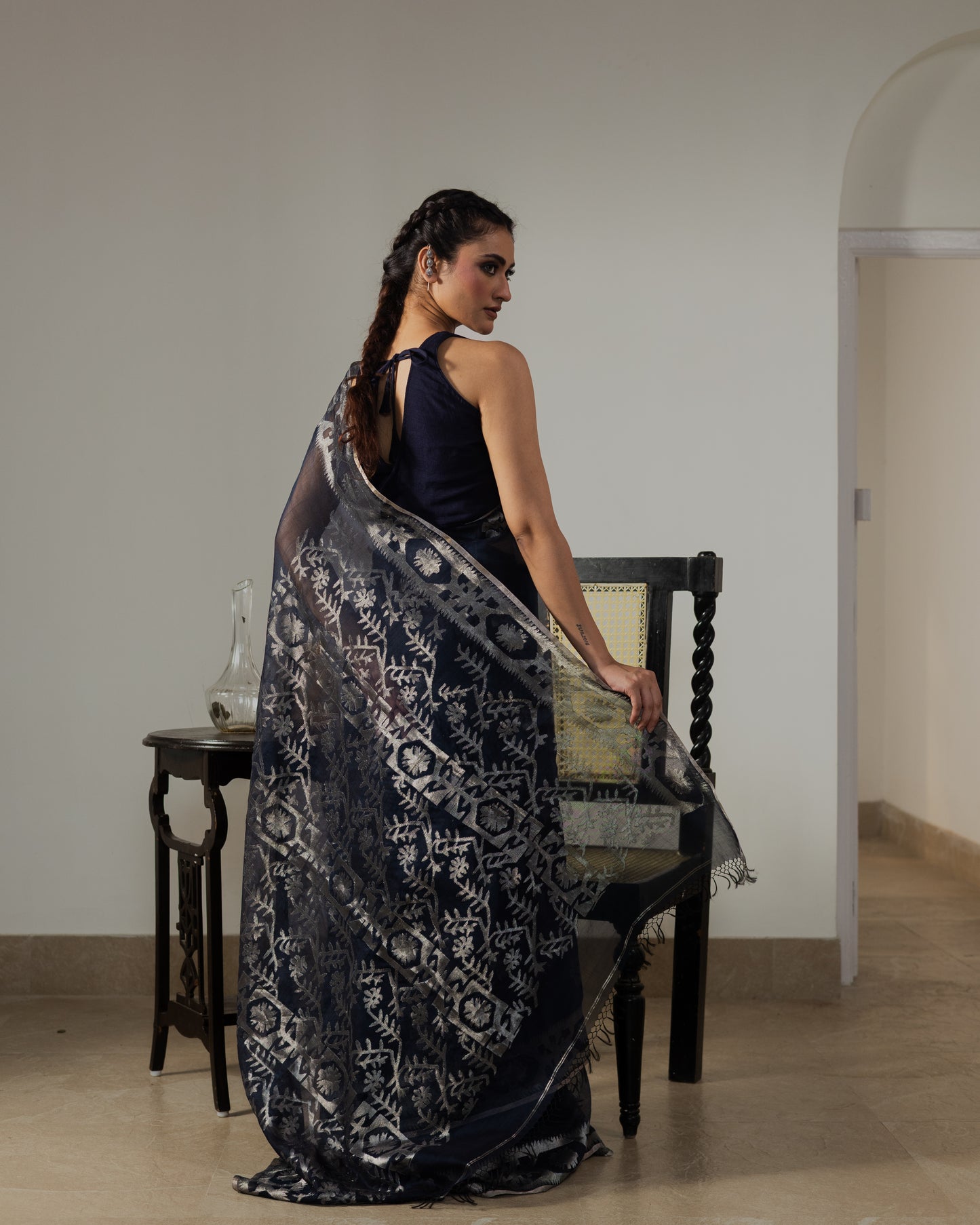 Blue Pure Organza Silk Traditional Jamdani Handloom Saree