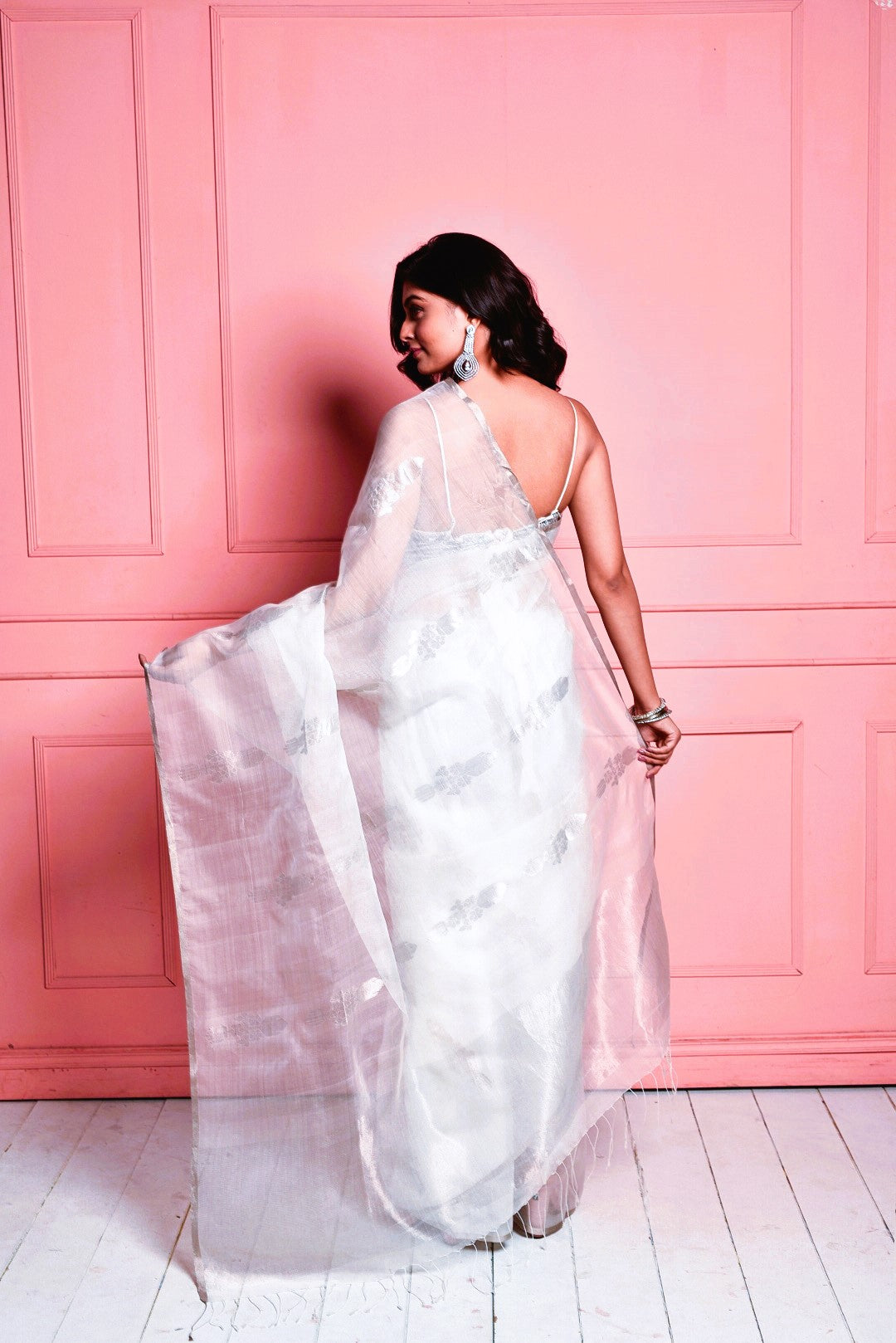White Pure Organza Silk Jamdani Handloom Saree