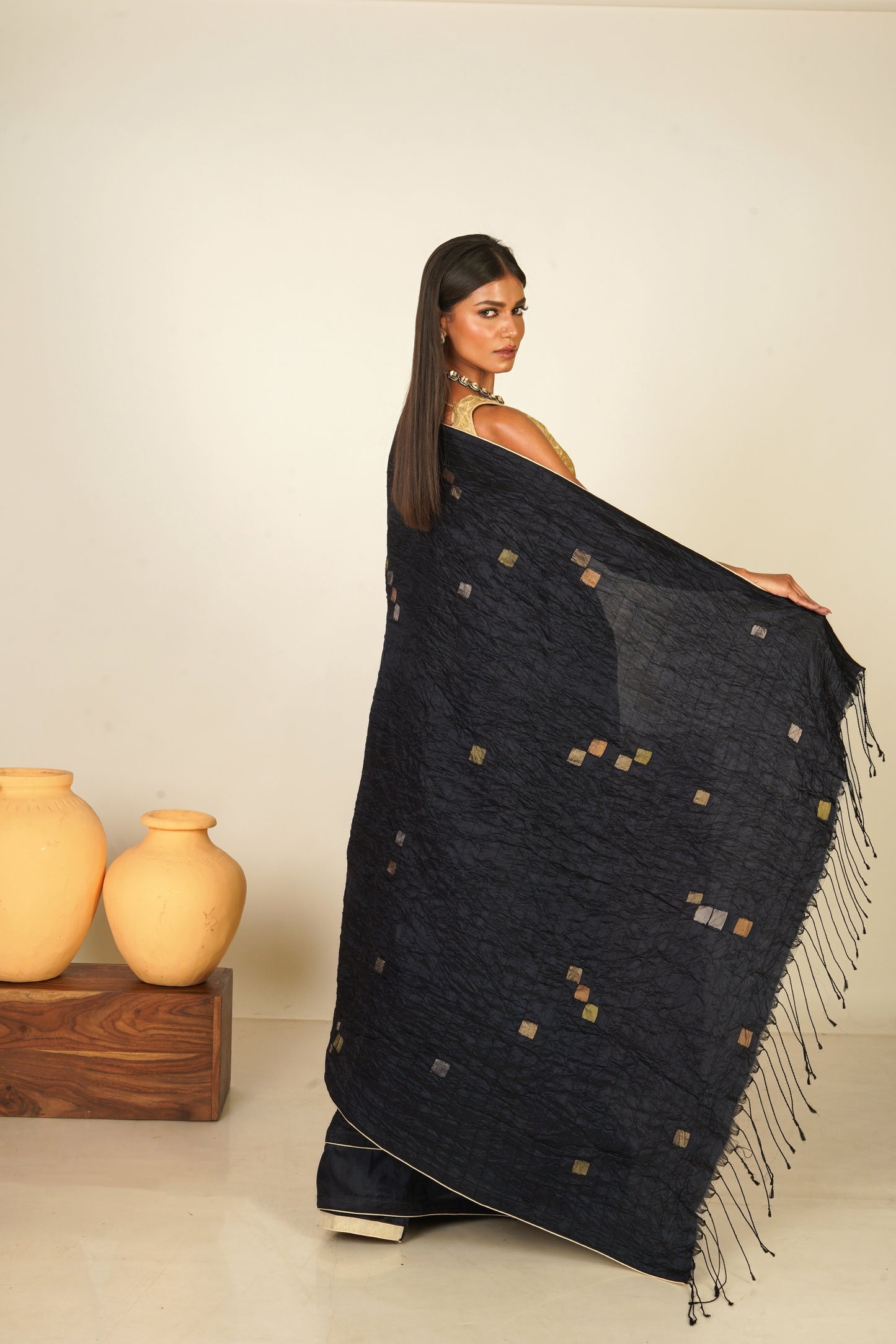 Midnight Blue Pure Katan Silk Jamdani Handloom Saree