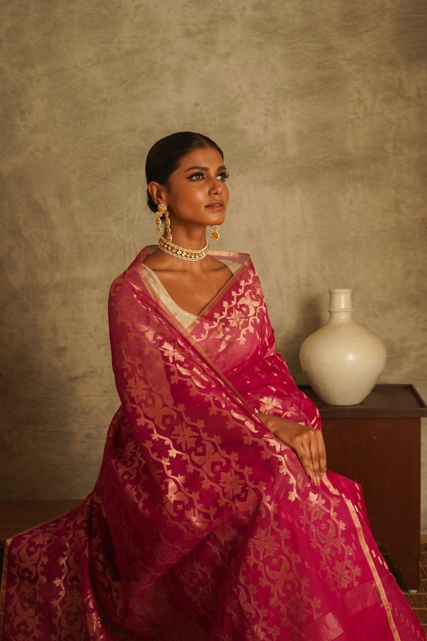 Fuchsia Pure Organza Traditional Jamdani Handloom Saree