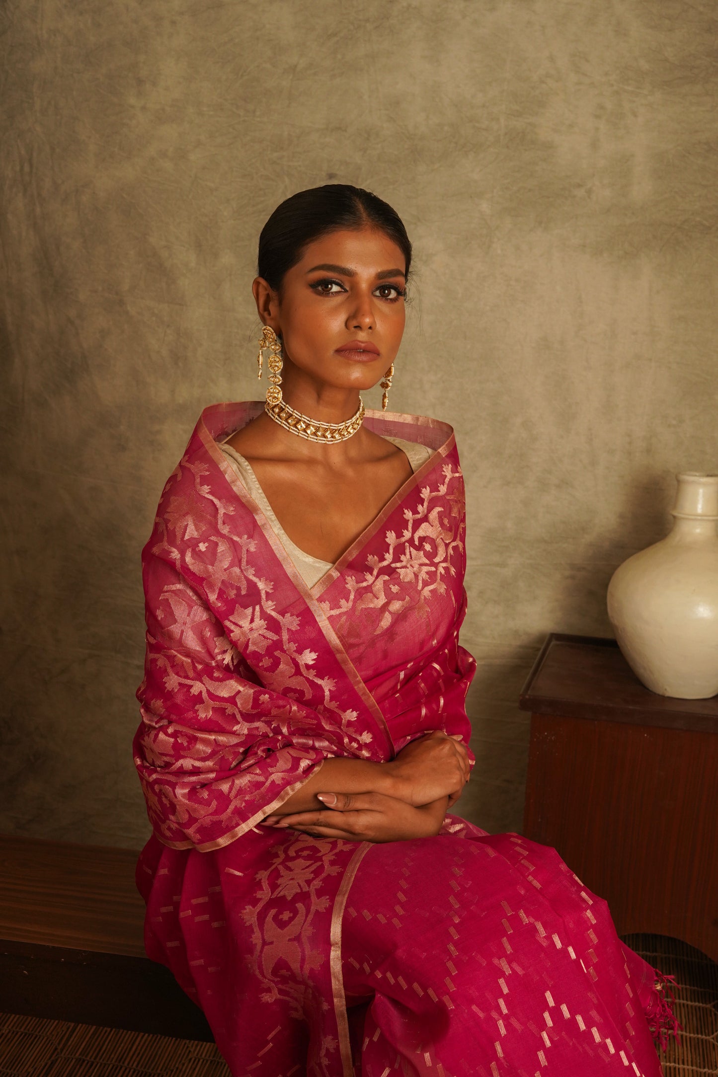 Fuchsia Pure Organza Traditional Jamdani Handloom Saree