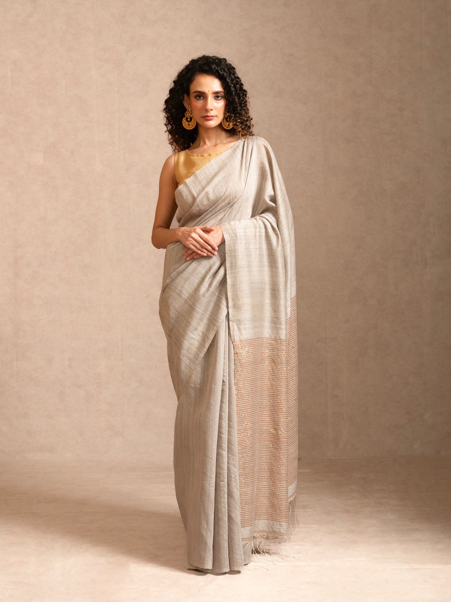 Grey and Golden Sequin Pure Matka Silk Handloom Saree