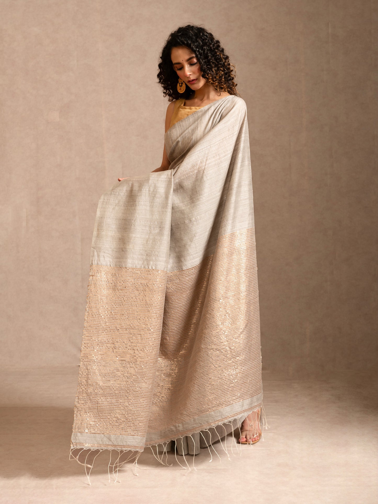 Grey and Golden Sequin Pure Matka Silk Handloom Saree