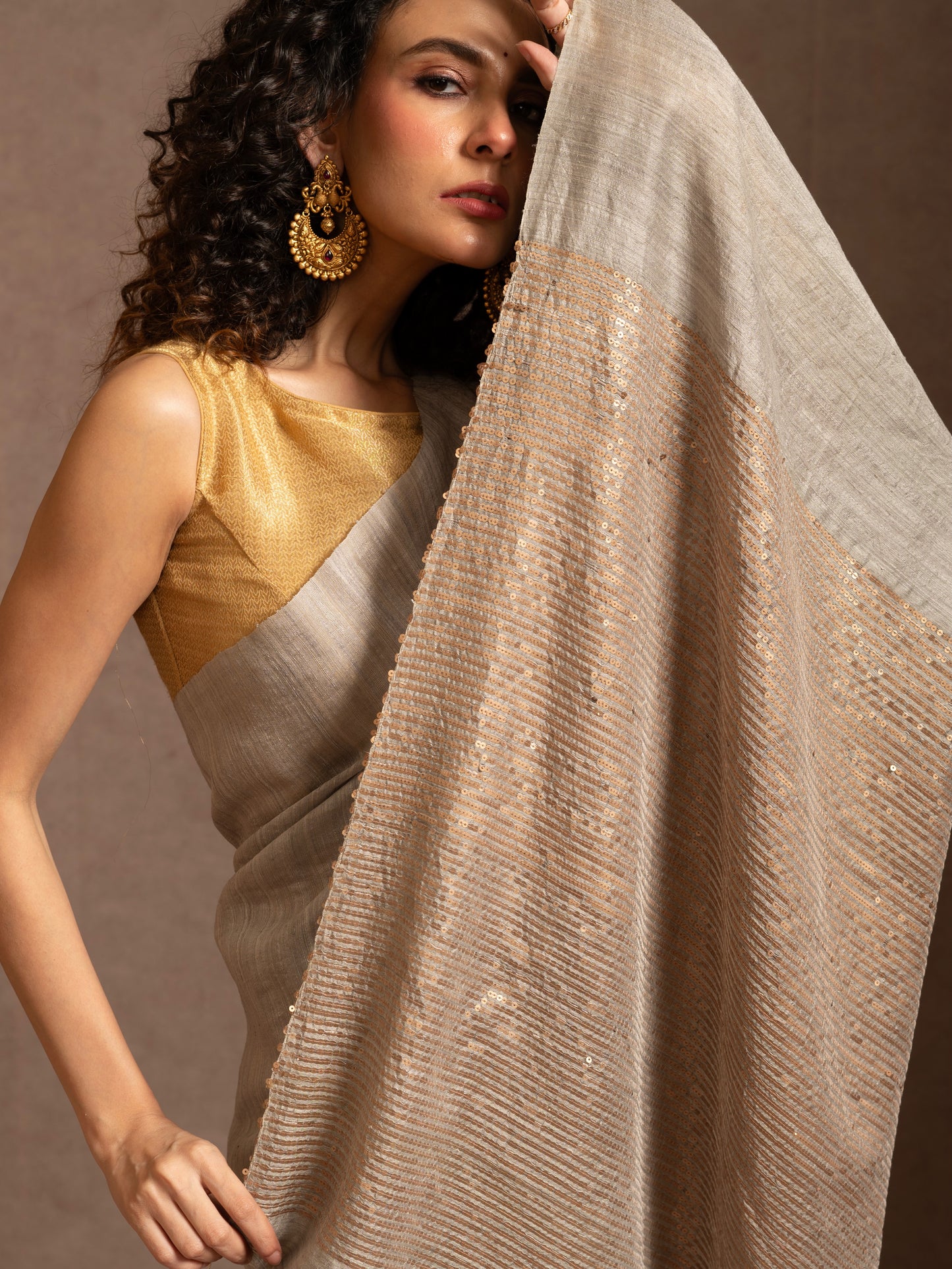 Grey and Golden Sequin Pure Matka Silk Handloom Saree