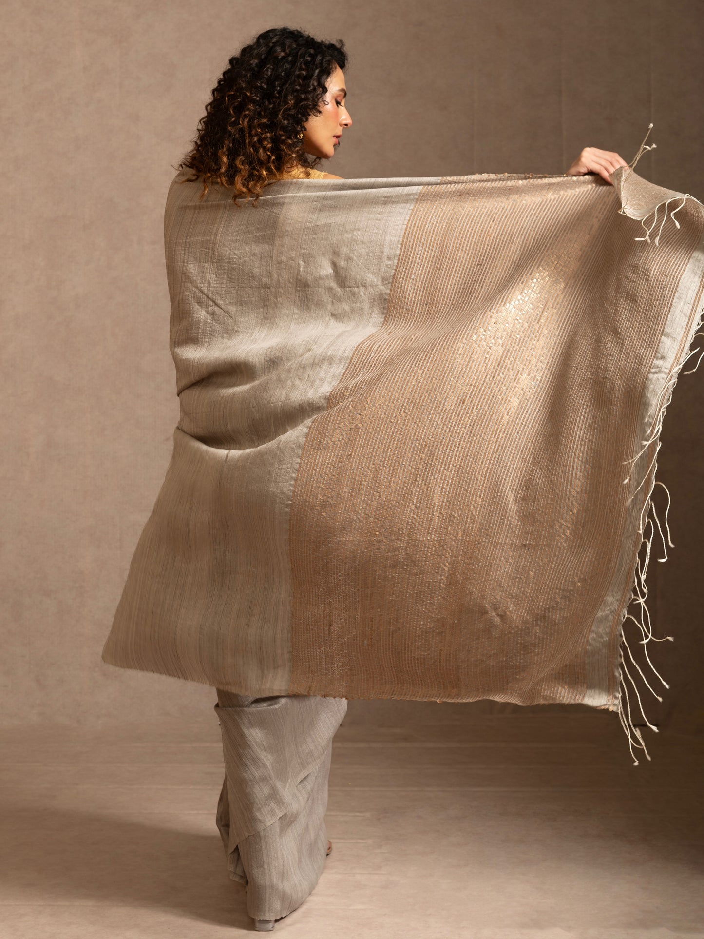 Grey and Golden Sequin Pure Matka Silk Handloom Saree