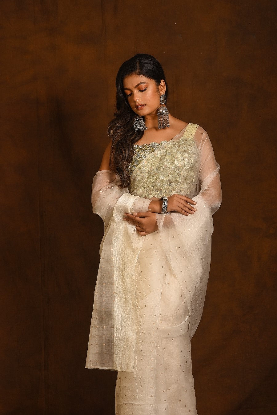 White Pure Organza Silk Handloom Saree