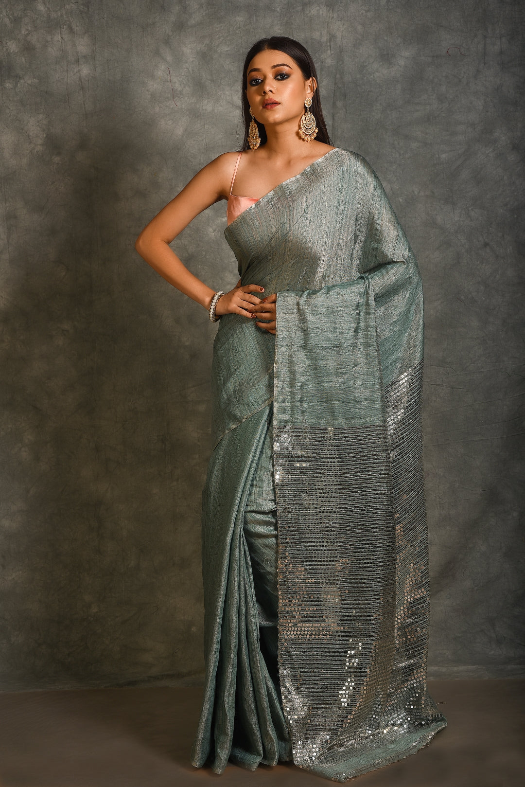 Blue Pure Matka Sequin Tissue Handloom Saree
