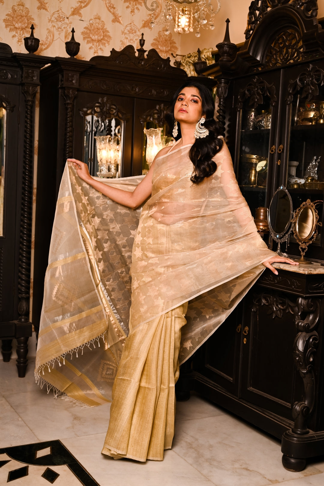 Golden Pure Organza and Matka Silk Handloom Saree (Pre-Order)