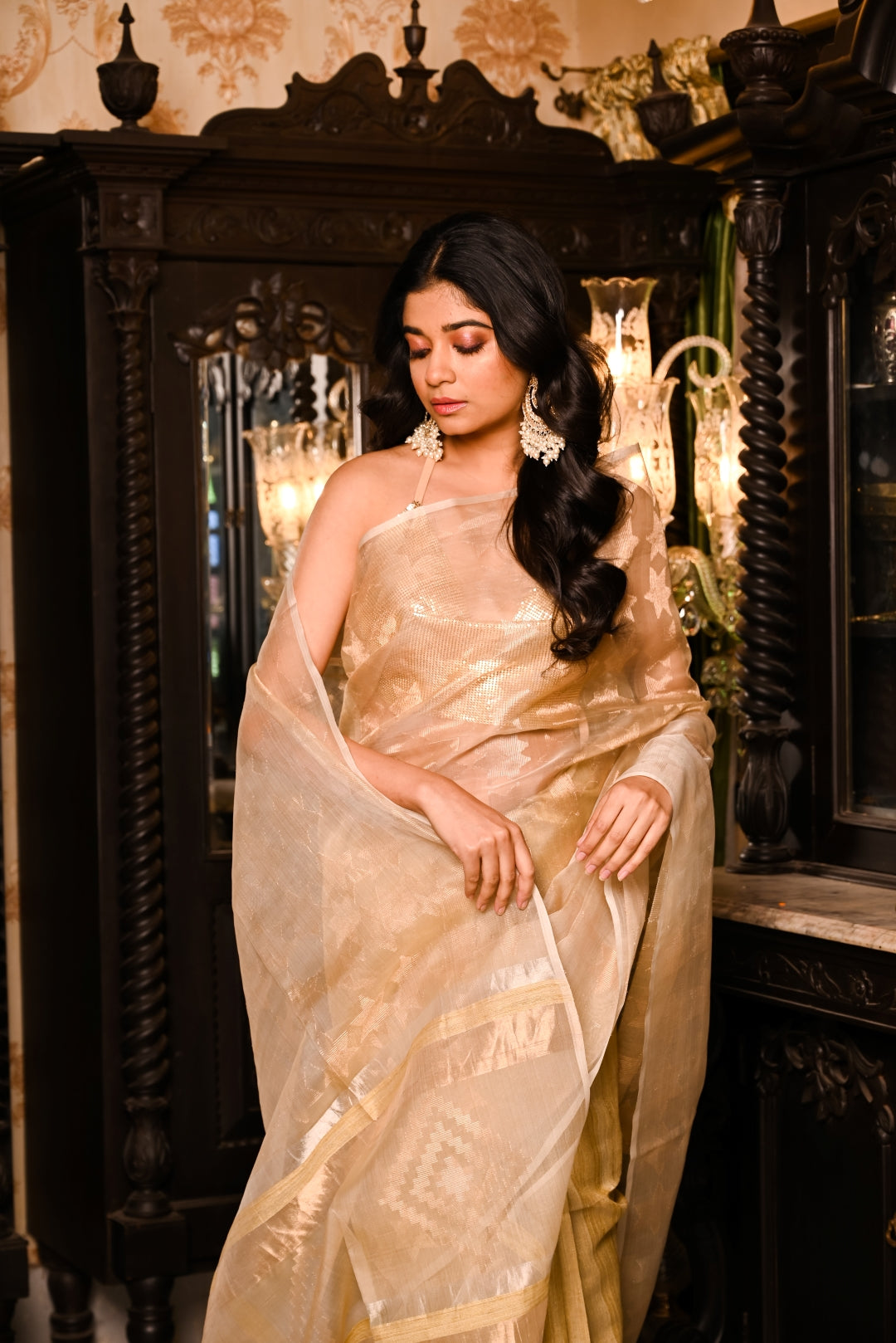 Golden Pure Organza and Matka Silk Handloom Saree (Pre-Order)