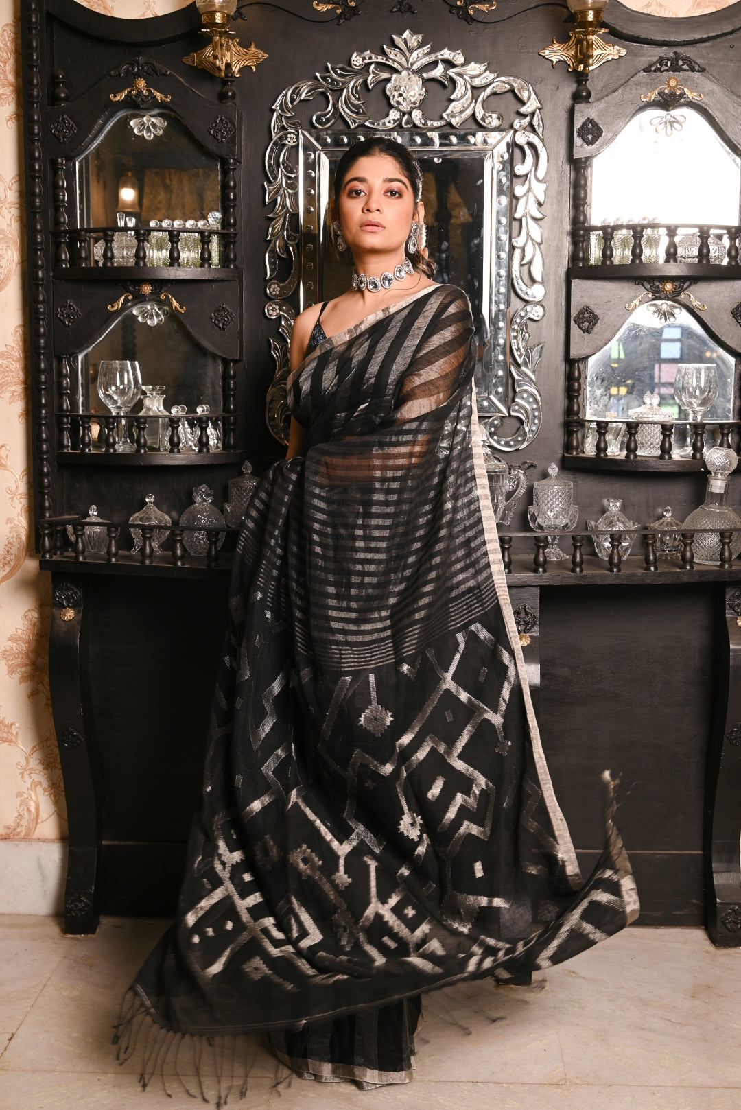 Black Pure Linen Handloom Saree
