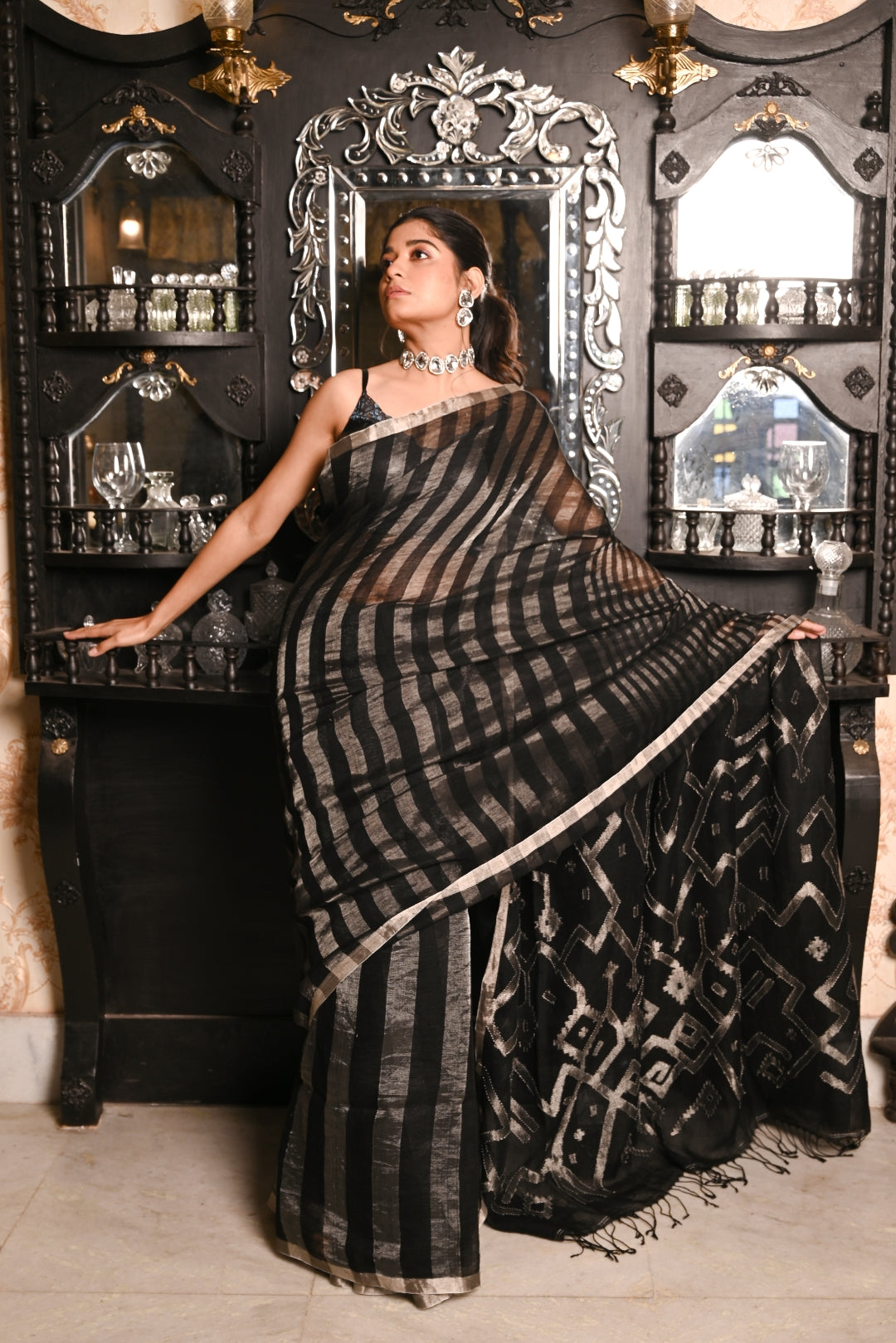 Black Pure Linen Handloom Saree