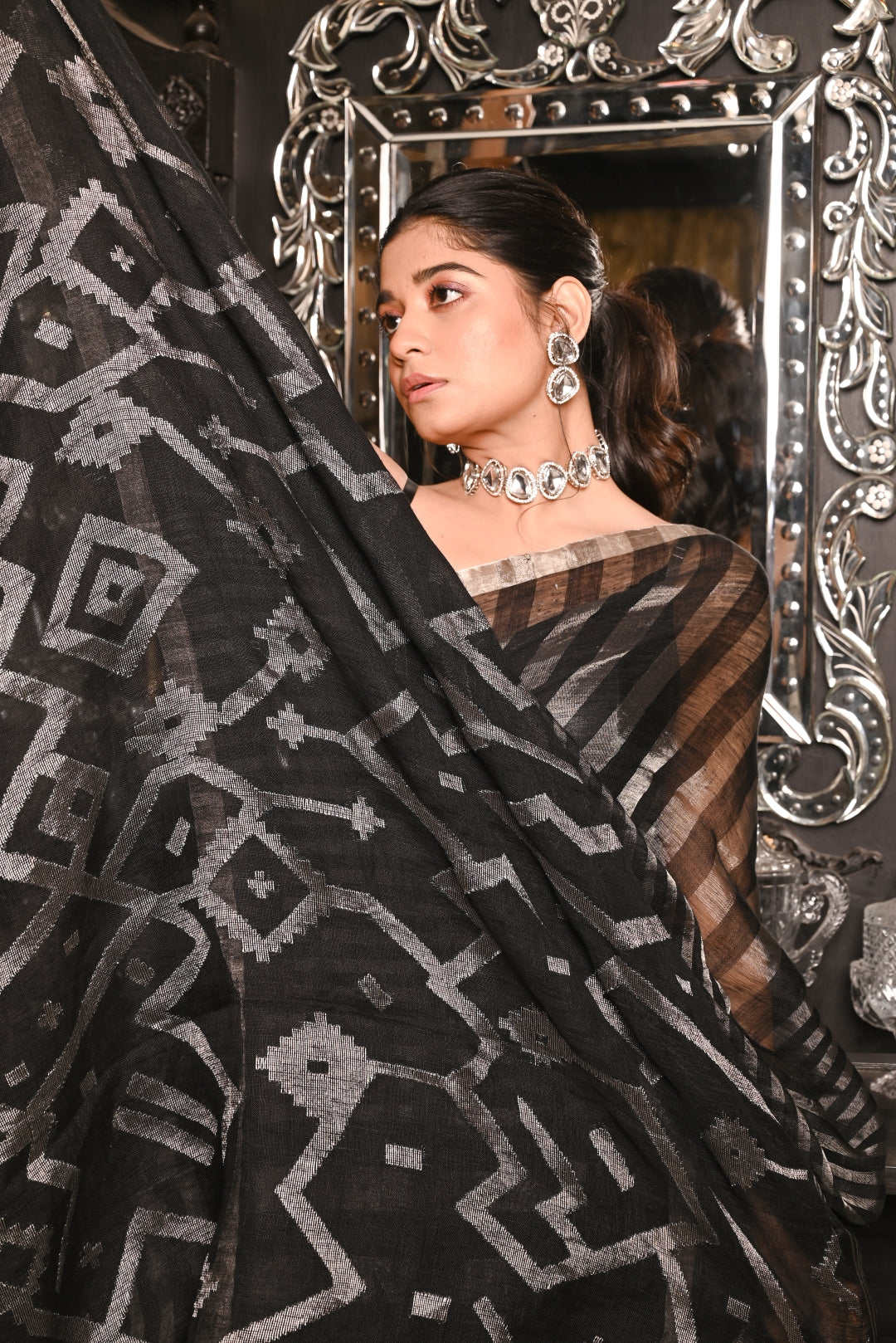 Black Pure Linen Handloom Saree