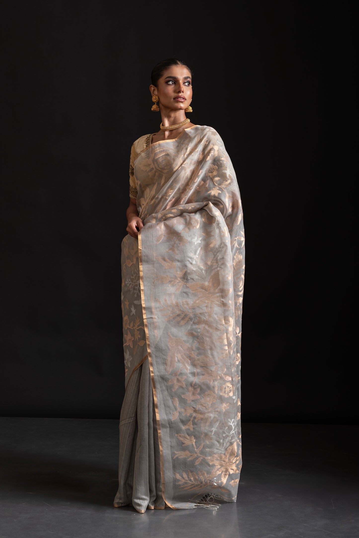 Grey Pure Organza and Matka Silk Jamdani Handloom Saree