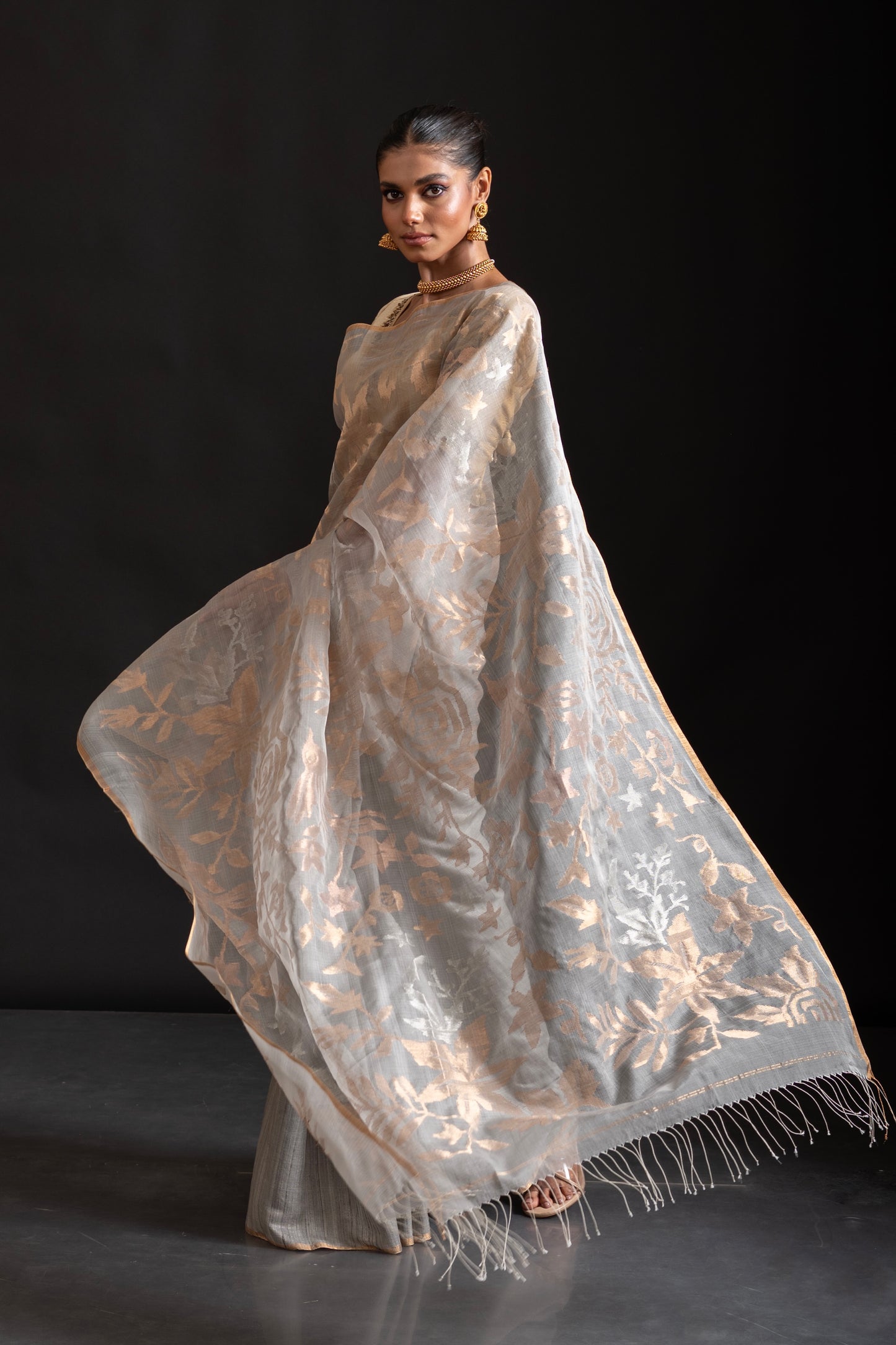 Grey Pure Organza and Matka Silk Jamdani Handloom Saree