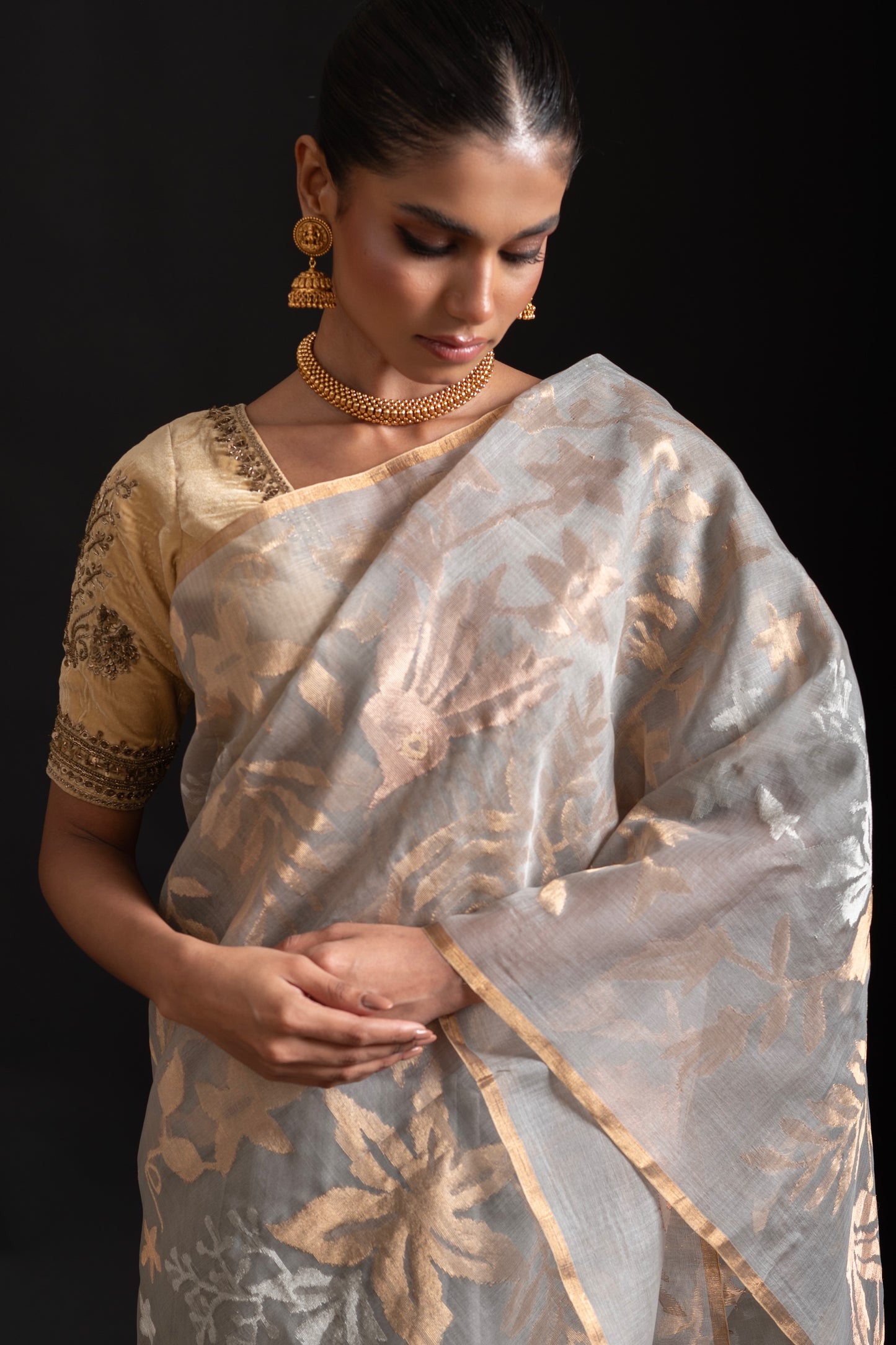 Grey Pure Organza and Matka Silk Jamdani Handloom Saree