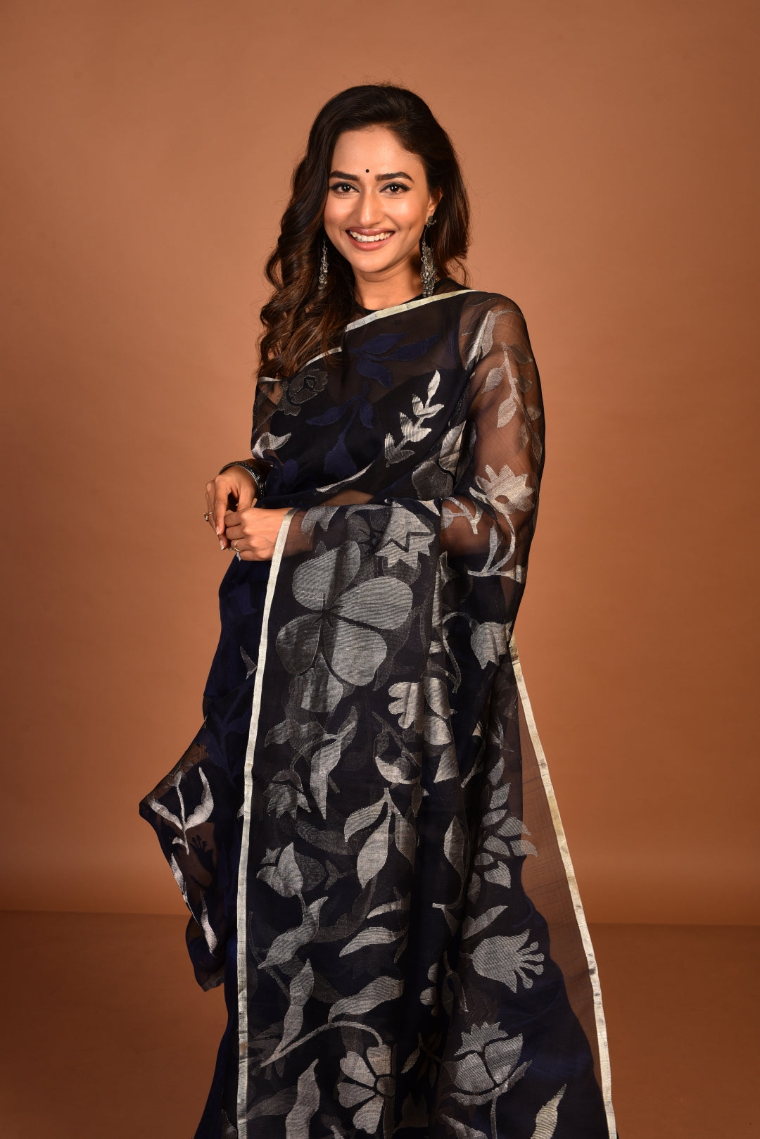 Blue Pure Organza and Matka Silk Jamdani Handloom Saree