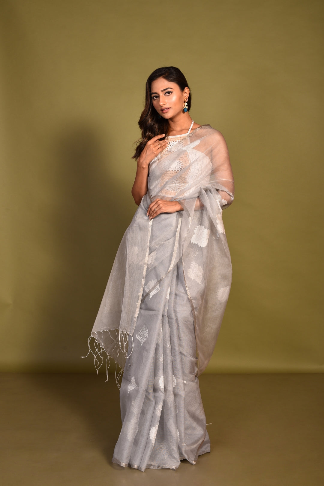 Grey Pure Organza Silk Handloom Saree